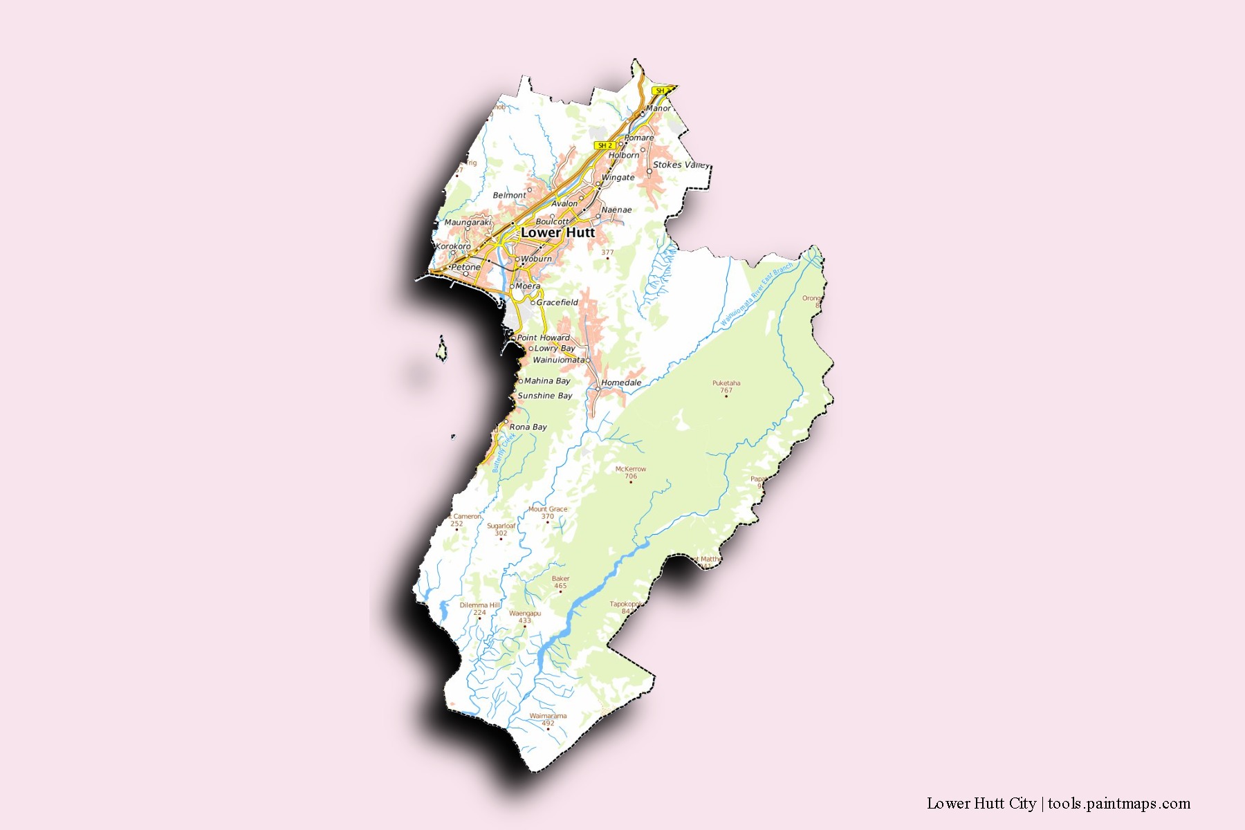 Mapa de barrios y pueblos de Lower Hutt City con efecto de sombra 3D