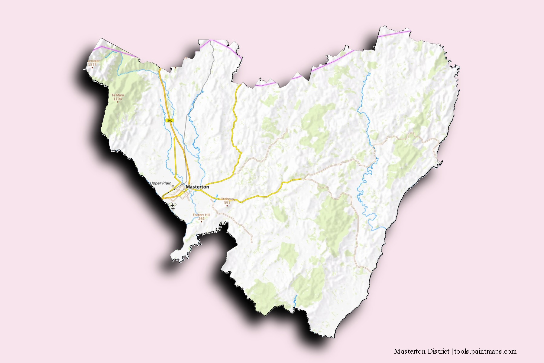 Mapa de barrios y pueblos de Masterton District con efecto de sombra 3D