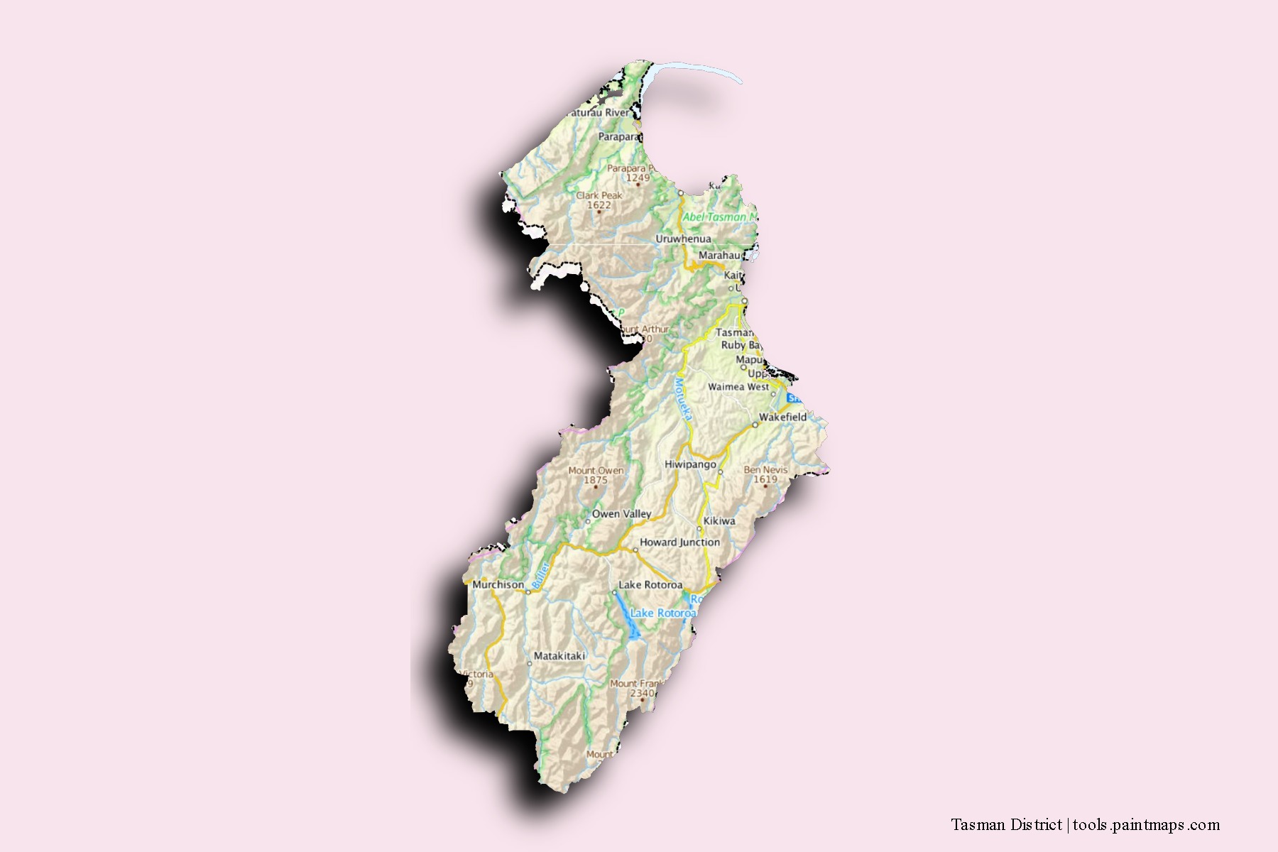 Mapa de barrios y pueblos de Tasman District con efecto de sombra 3D