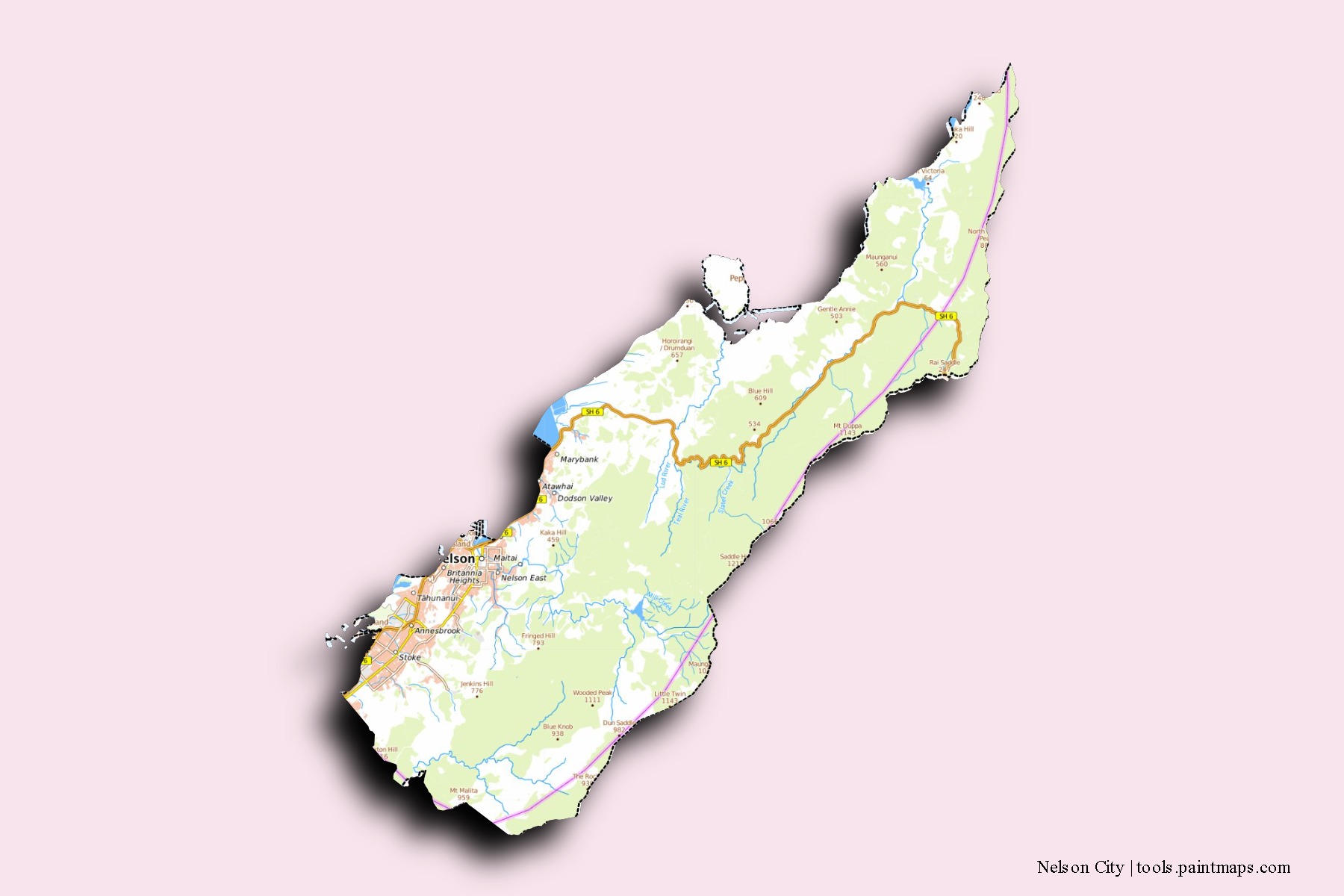 Mapa de barrios y pueblos de Nelson City con efecto de sombra 3D