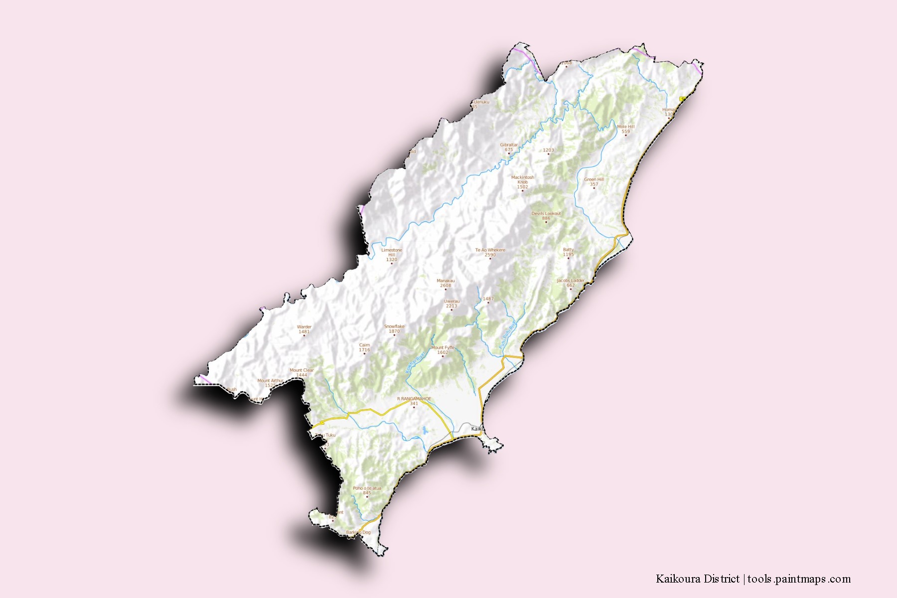 Mapa de barrios y pueblos de Kaikoura District con efecto de sombra 3D