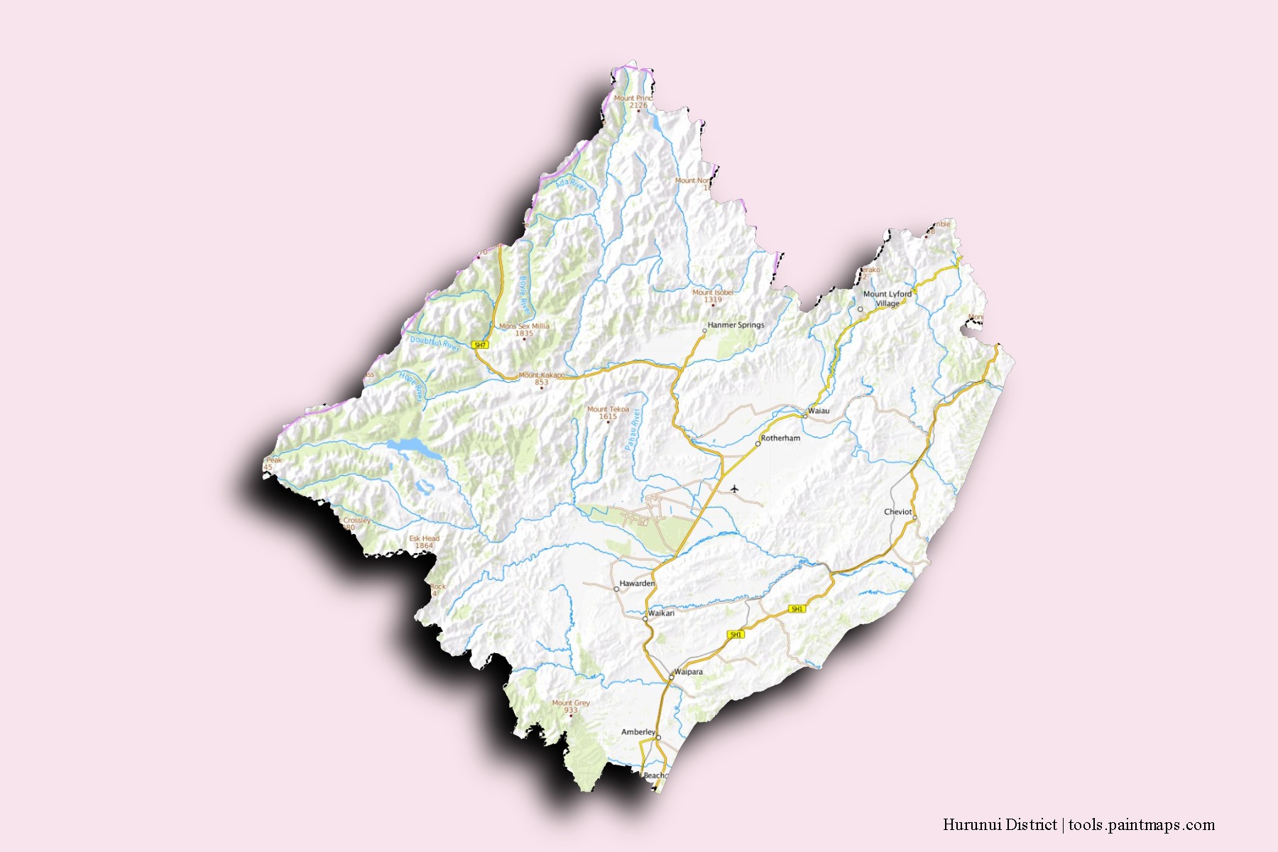 Mapa de barrios y pueblos de Hurunui District con efecto de sombra 3D