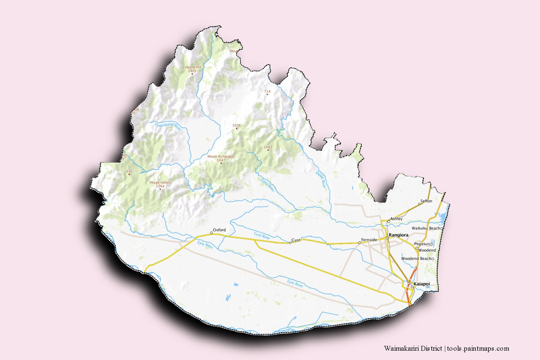 Mapa de barrios y pueblos de Waimakariri District con efecto de sombra 3D