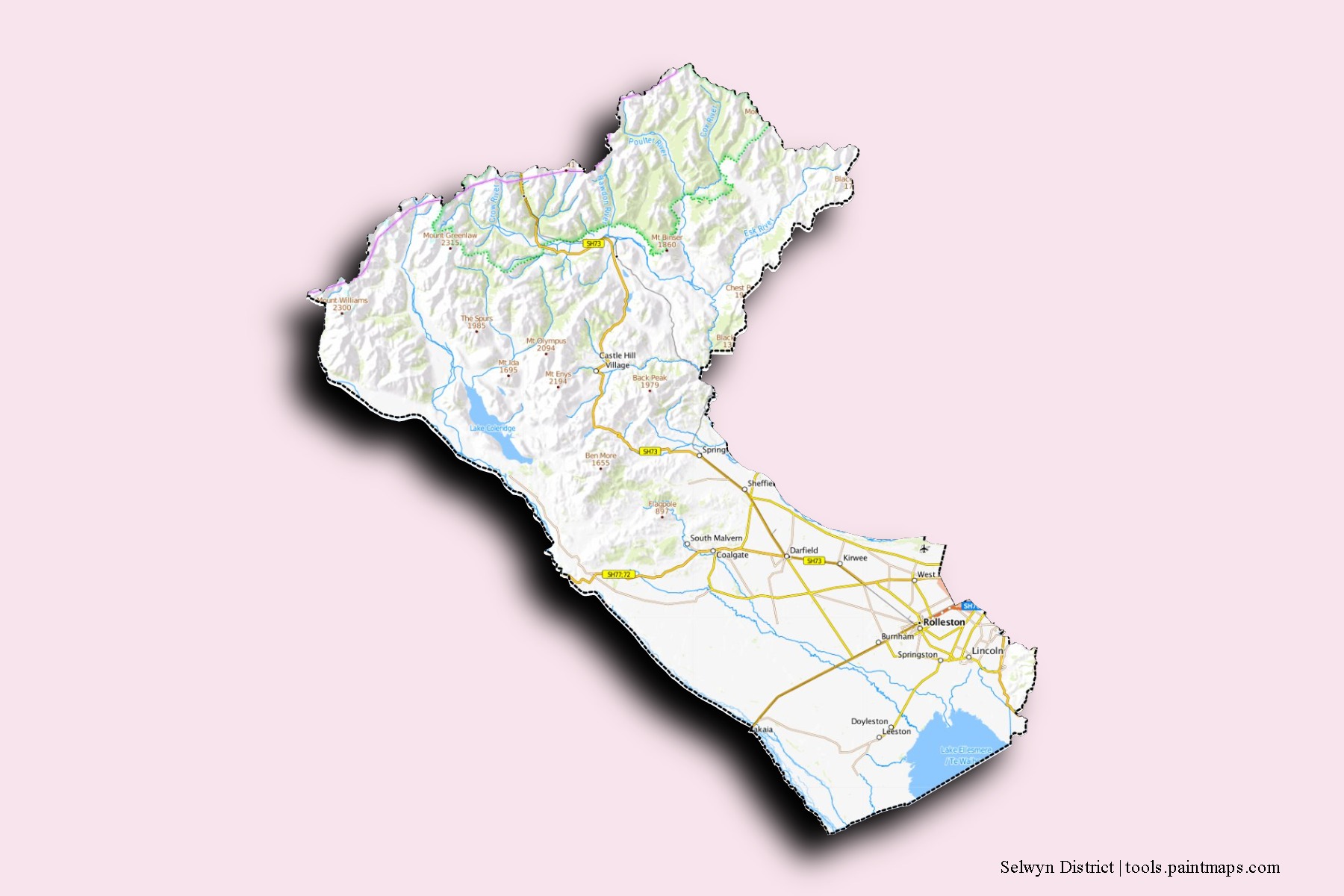 Mapa de barrios y pueblos de Selwyn District con efecto de sombra 3D