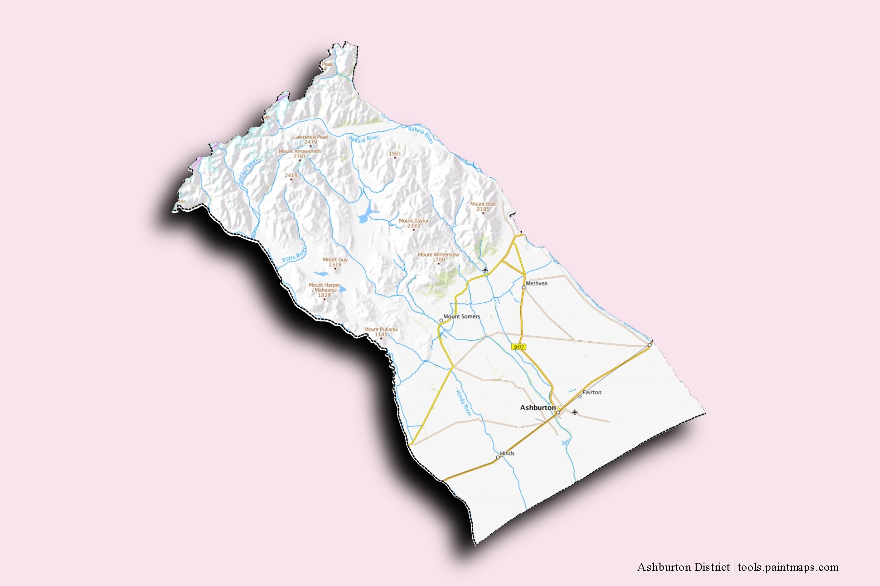 Mapa de barrios y pueblos de Ashburton District con efecto de sombra 3D