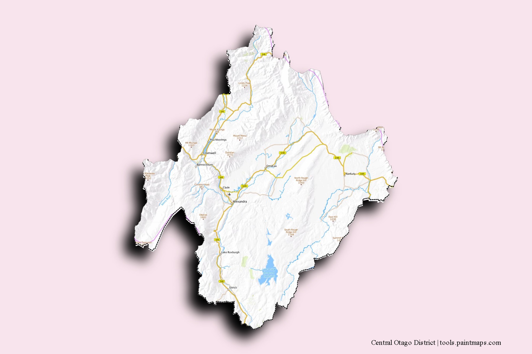 Mapa de barrios y pueblos de Central Otago District con efecto de sombra 3D