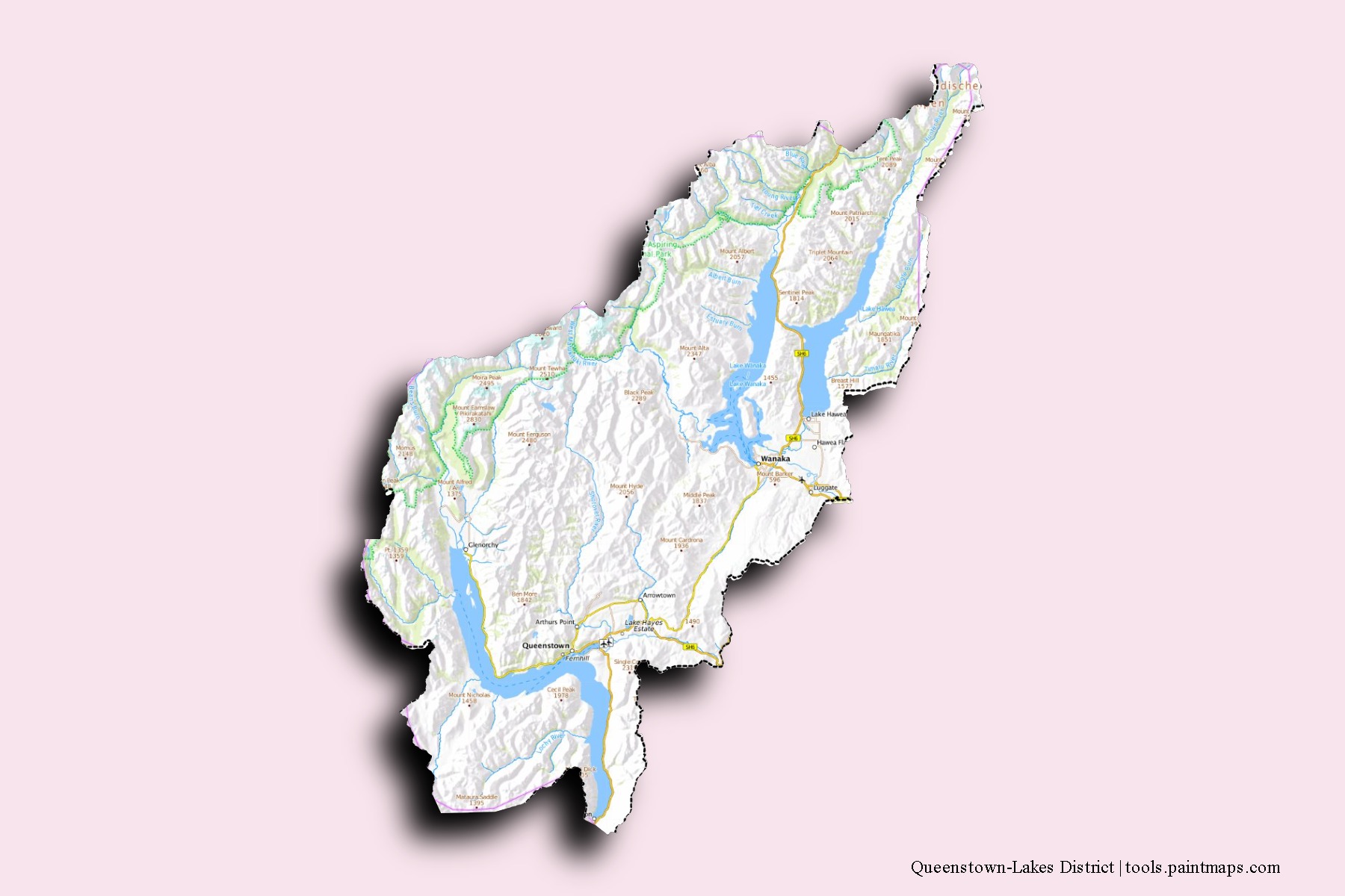 Mapa de barrios y pueblos de Queenstown-Lakes District con efecto de sombra 3D