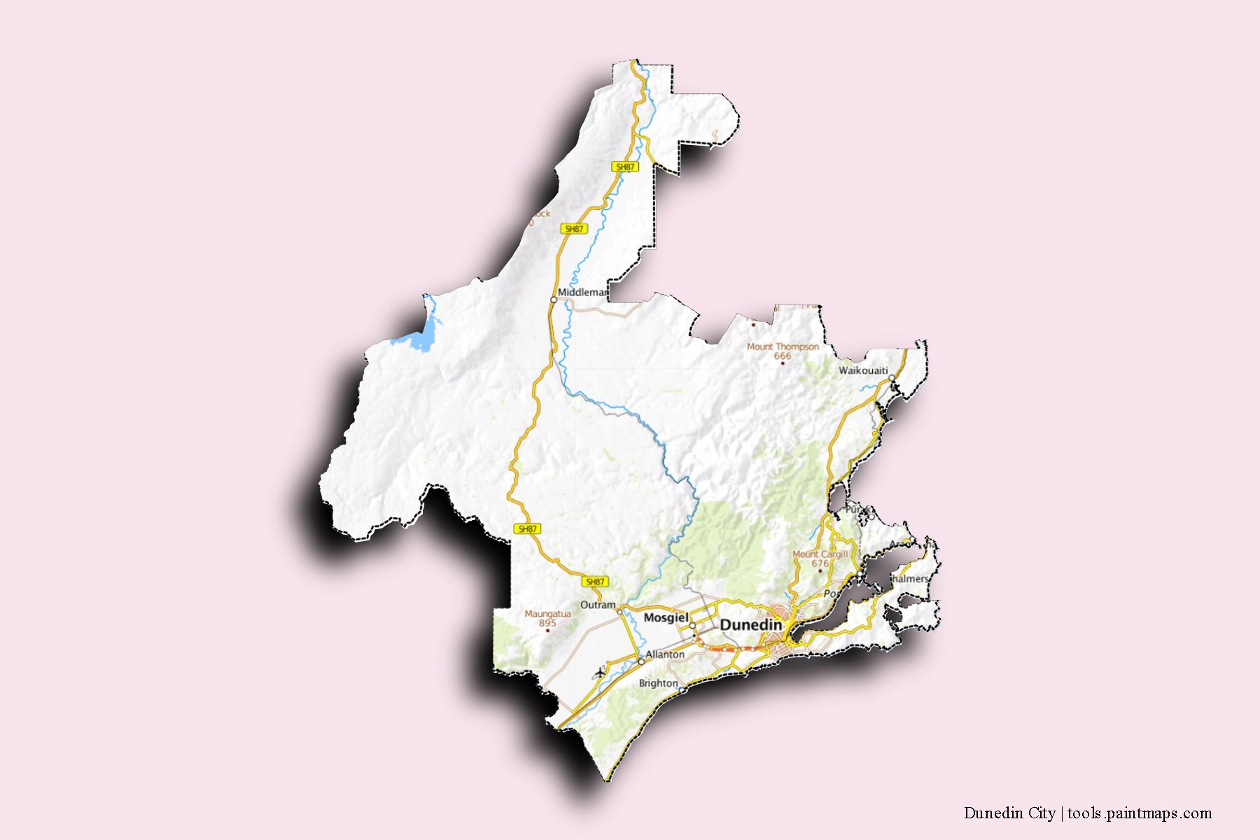 Mapa de barrios y pueblos de Dunedin City con efecto de sombra 3D