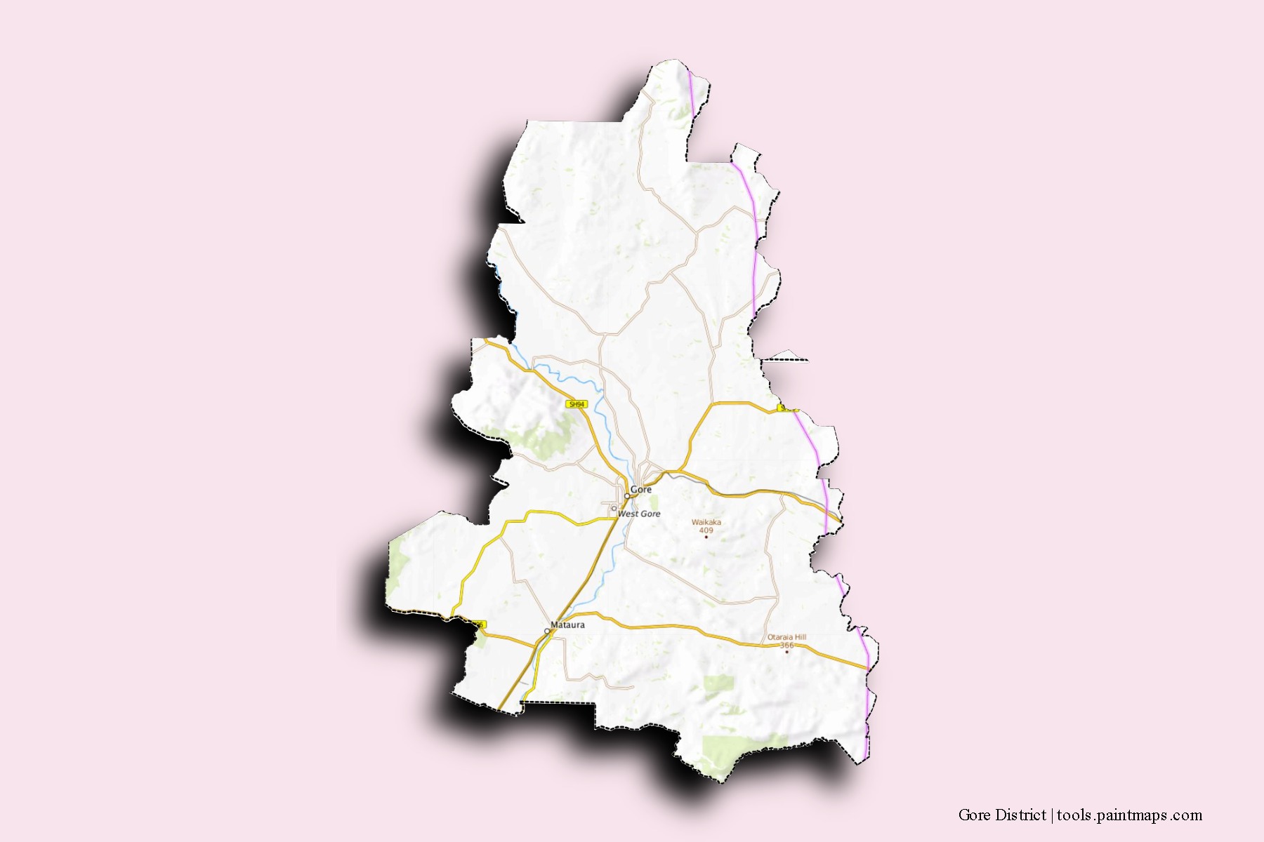 Mapa de barrios y pueblos de Gore District con efecto de sombra 3D