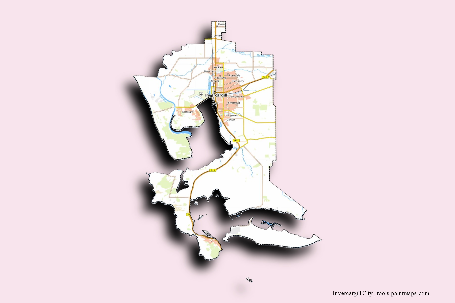 Mapa de barrios y pueblos de Invercargill City con efecto de sombra 3D