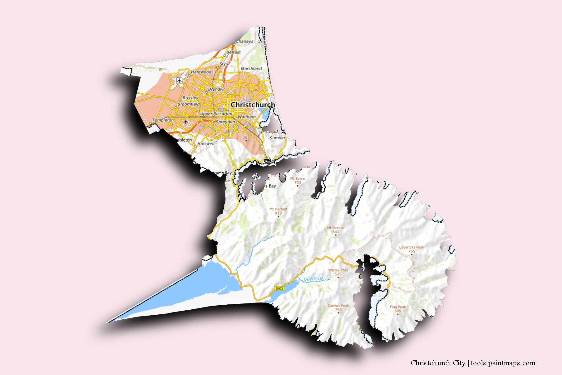 Mapa de barrios y pueblos de Christchurch City con efecto de sombra 3D