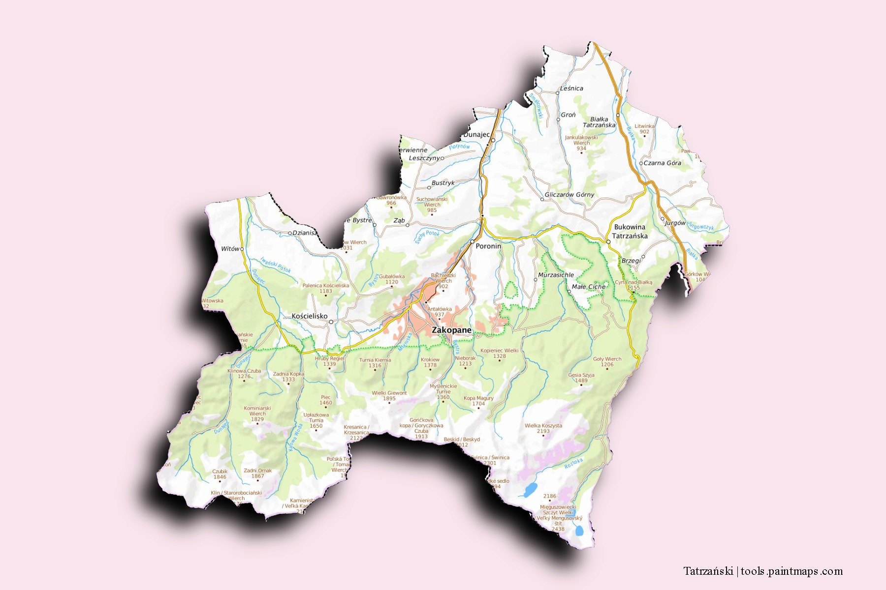 Mapa de barrios y pueblos de Tatrzański con efecto de sombra 3D