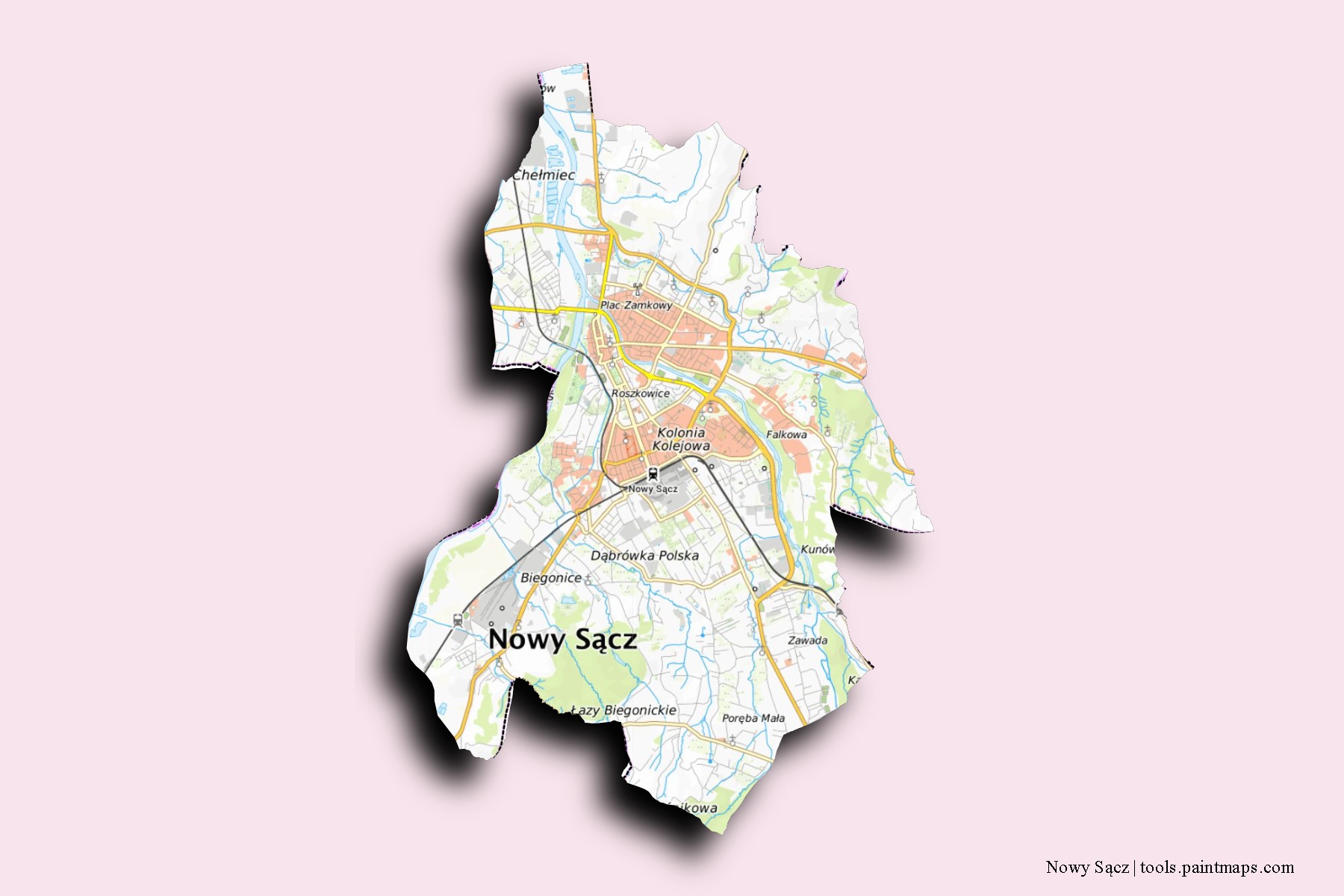 Mapa de barrios y pueblos de Nowy Sącz con efecto de sombra 3D