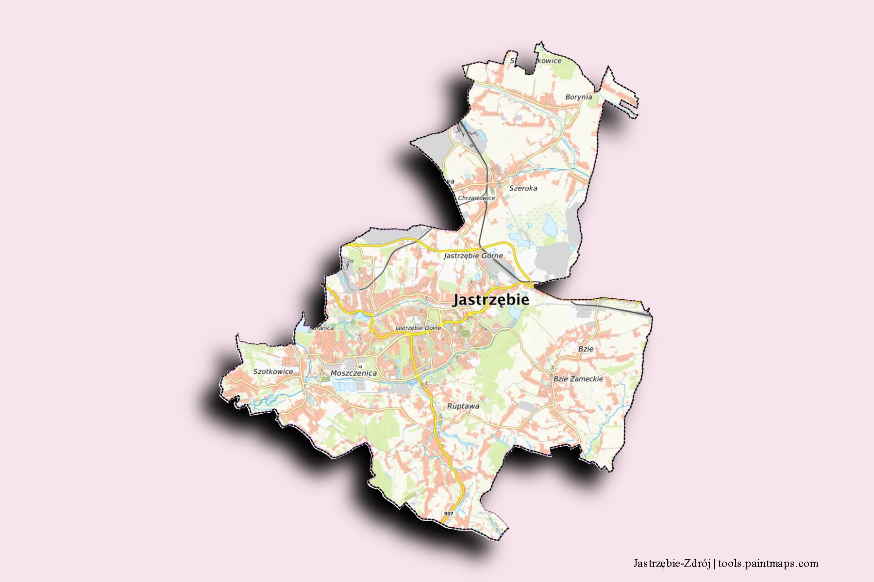 Mapa de barrios y pueblos de Jastrzębie-Zdrój con efecto de sombra 3D