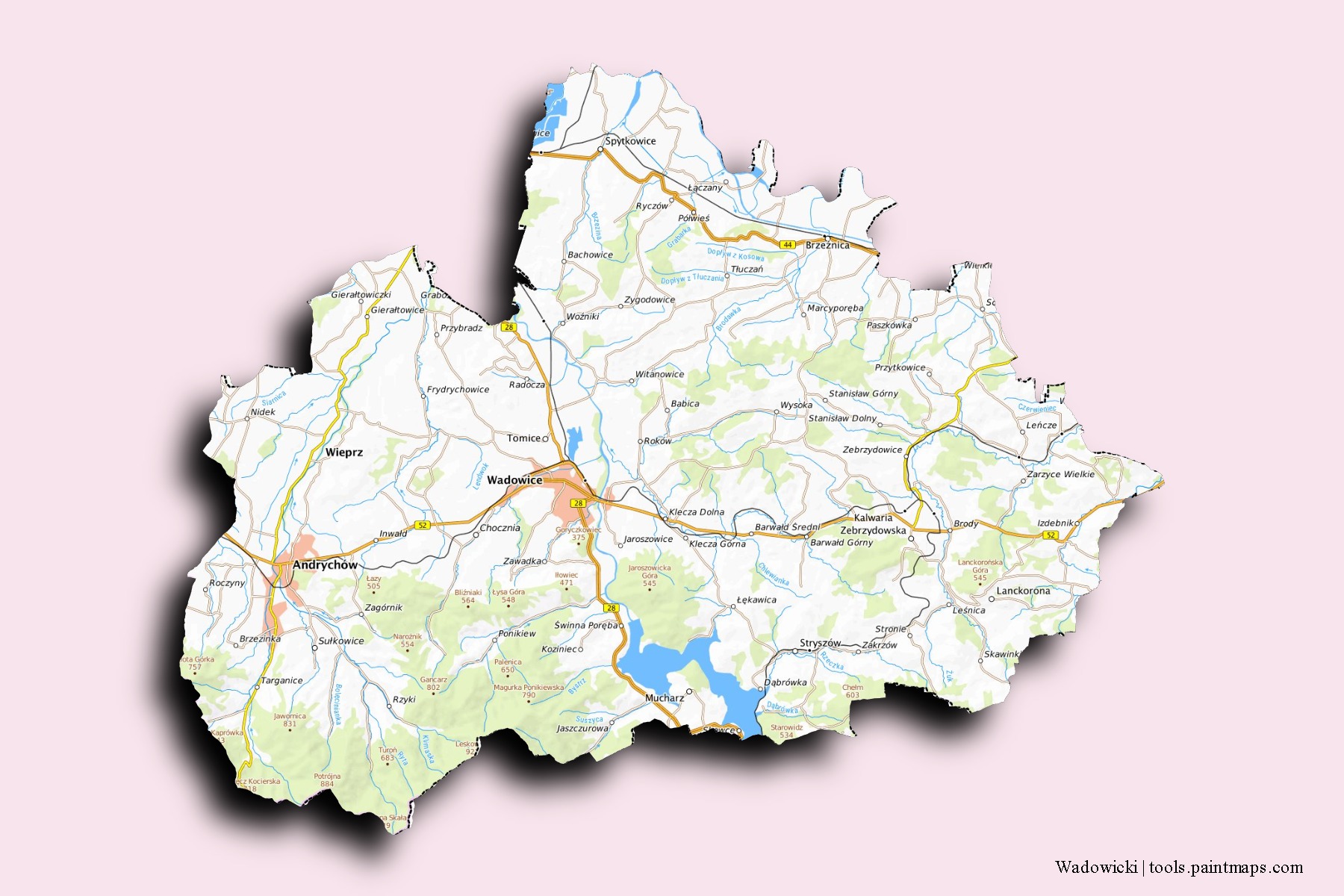 Mapa de barrios y pueblos de Wadowicki con efecto de sombra 3D