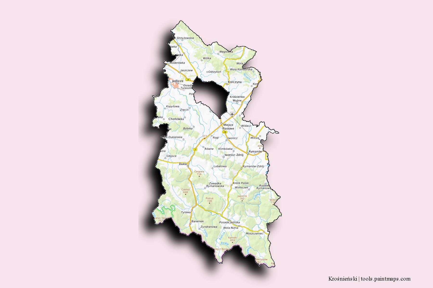 Mapa de barrios y pueblos de Krośnieński con efecto de sombra 3D