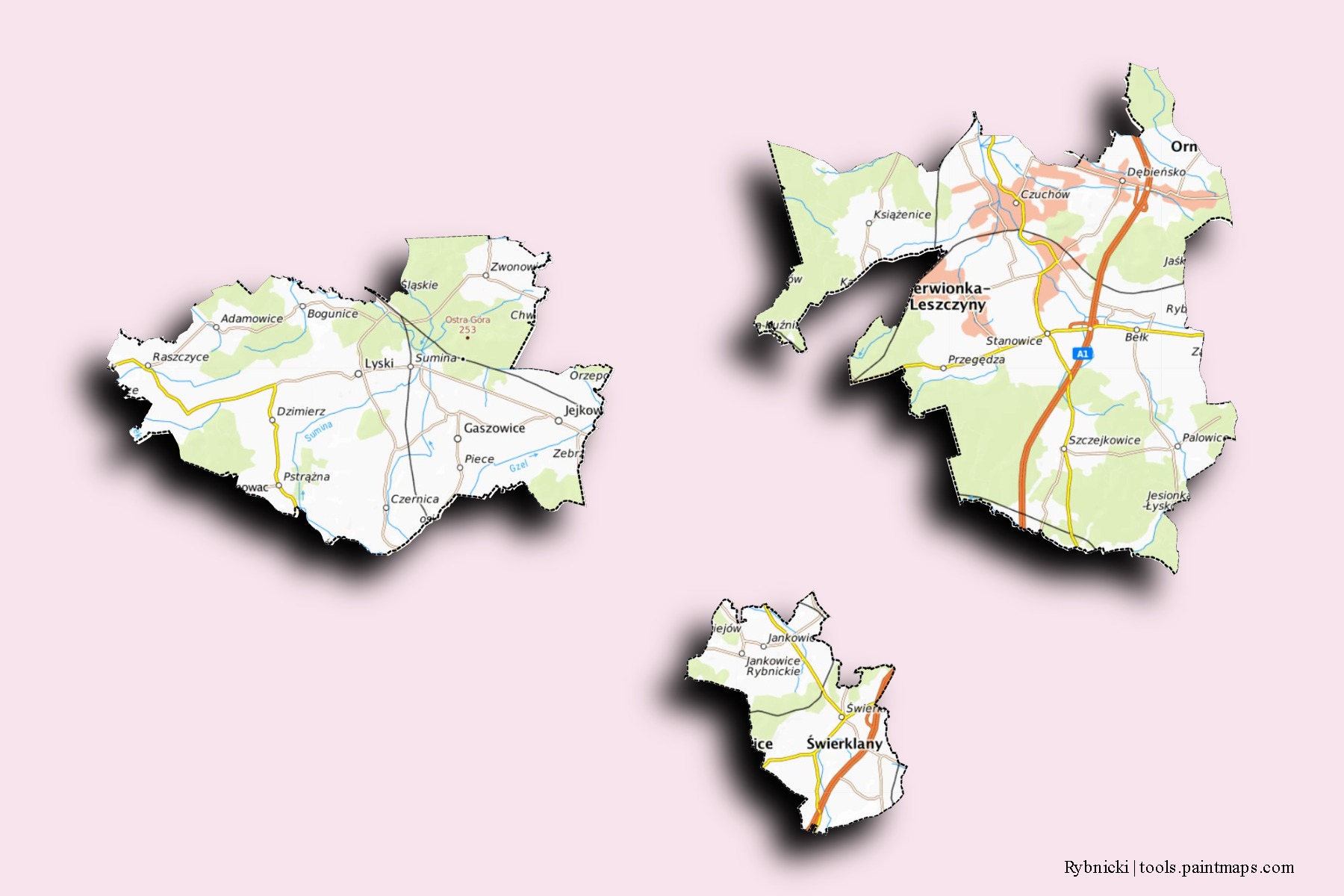 Mapa de barrios y pueblos de Rybnicki con efecto de sombra 3D