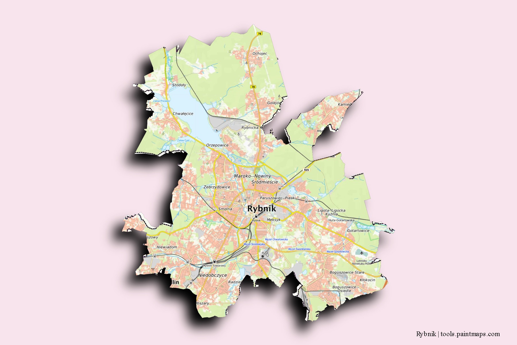 3D gölge efektli Rybnik mahalleleri ve köyleri haritası