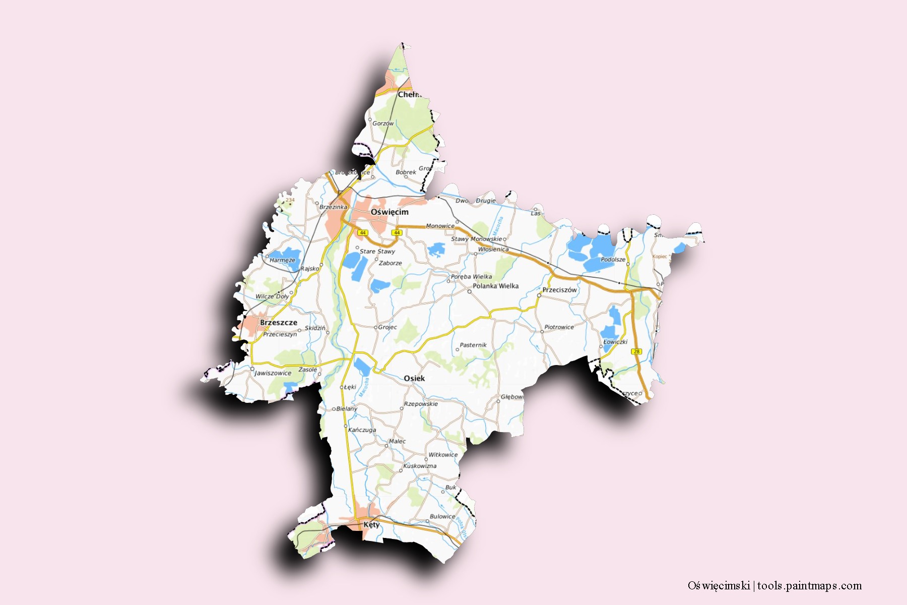 Mapa de barrios y pueblos de Oświęcimski con efecto de sombra 3D