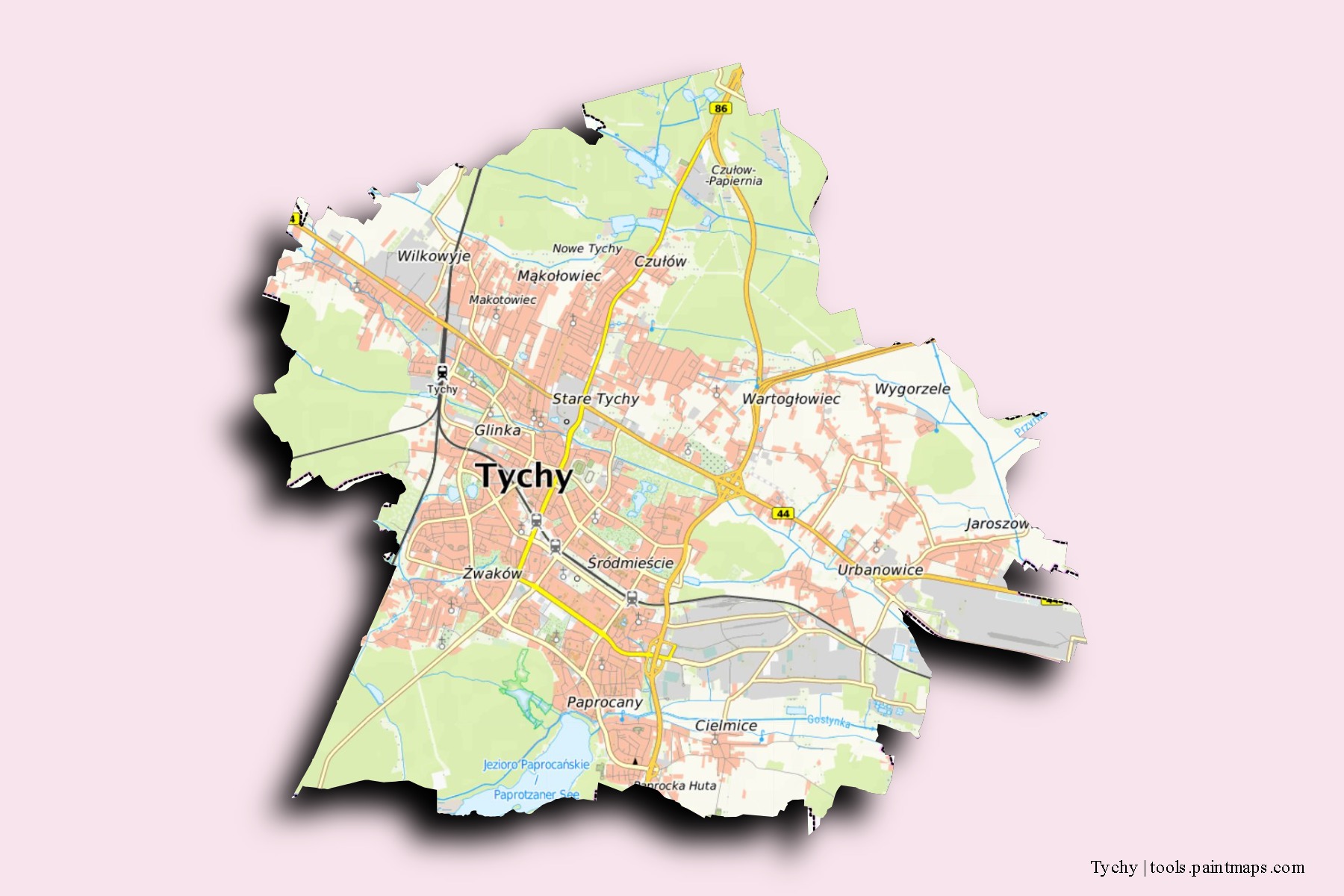 Tychy neighborhoods and villages map with 3D shadow effect