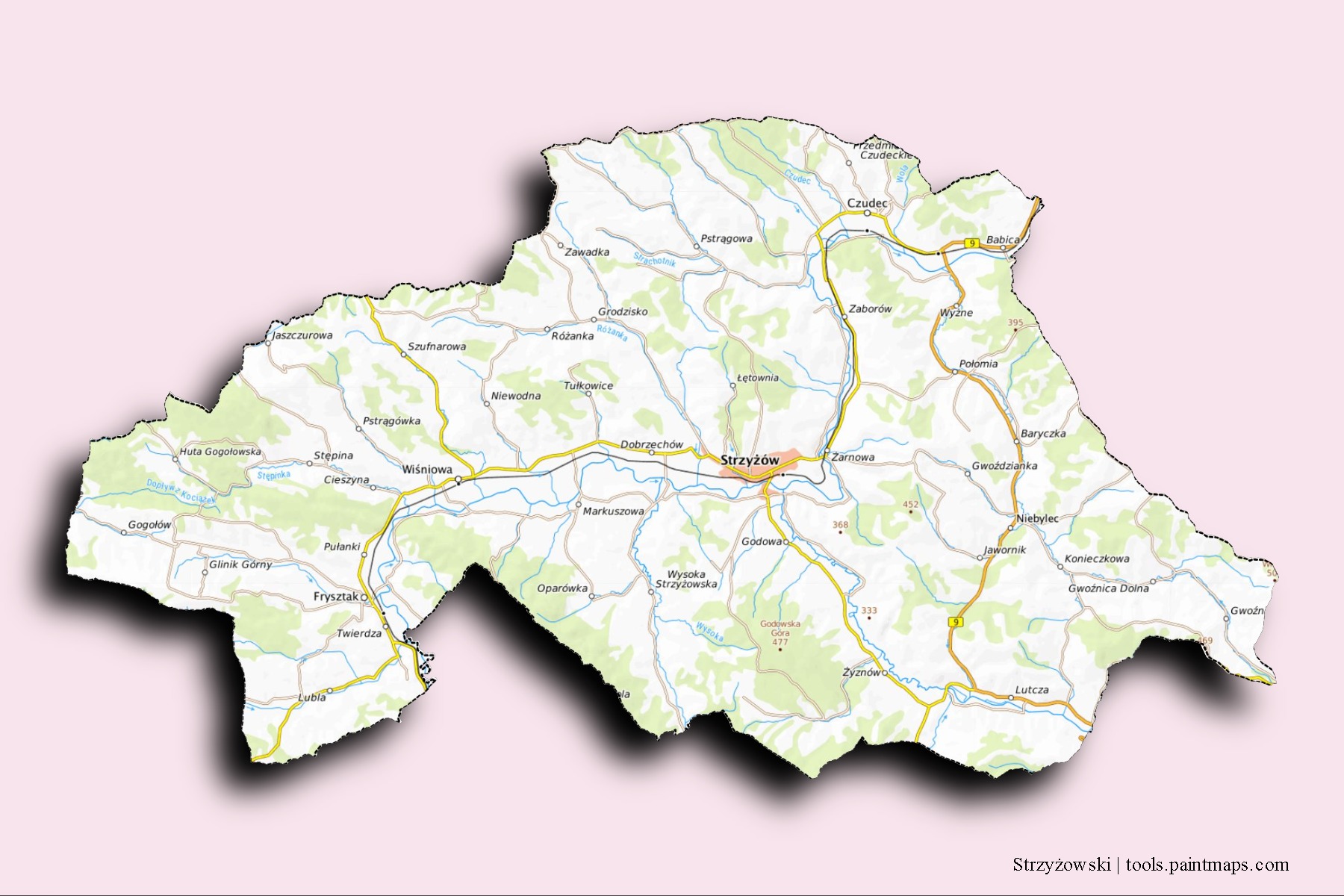 Mapa de barrios y pueblos de Strzyżowski con efecto de sombra 3D