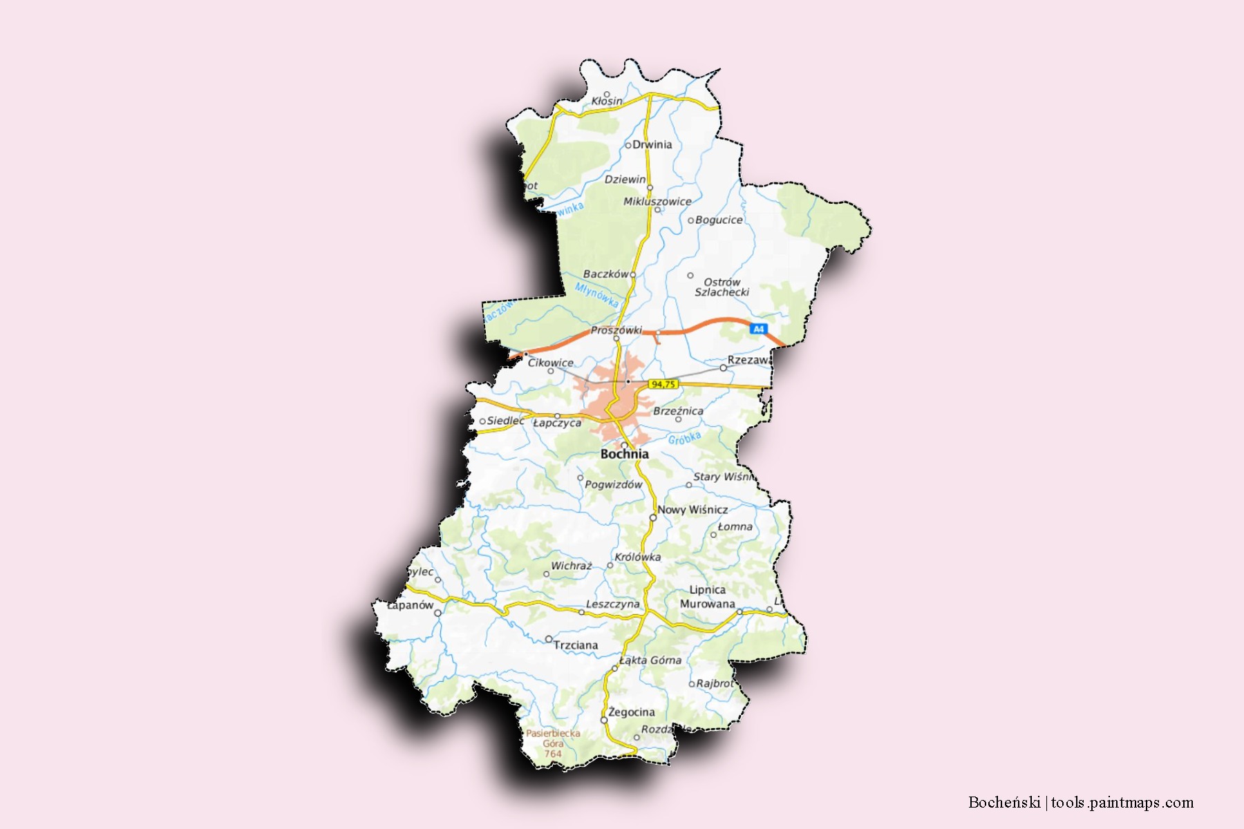 Mapa de barrios y pueblos de Bocheński con efecto de sombra 3D