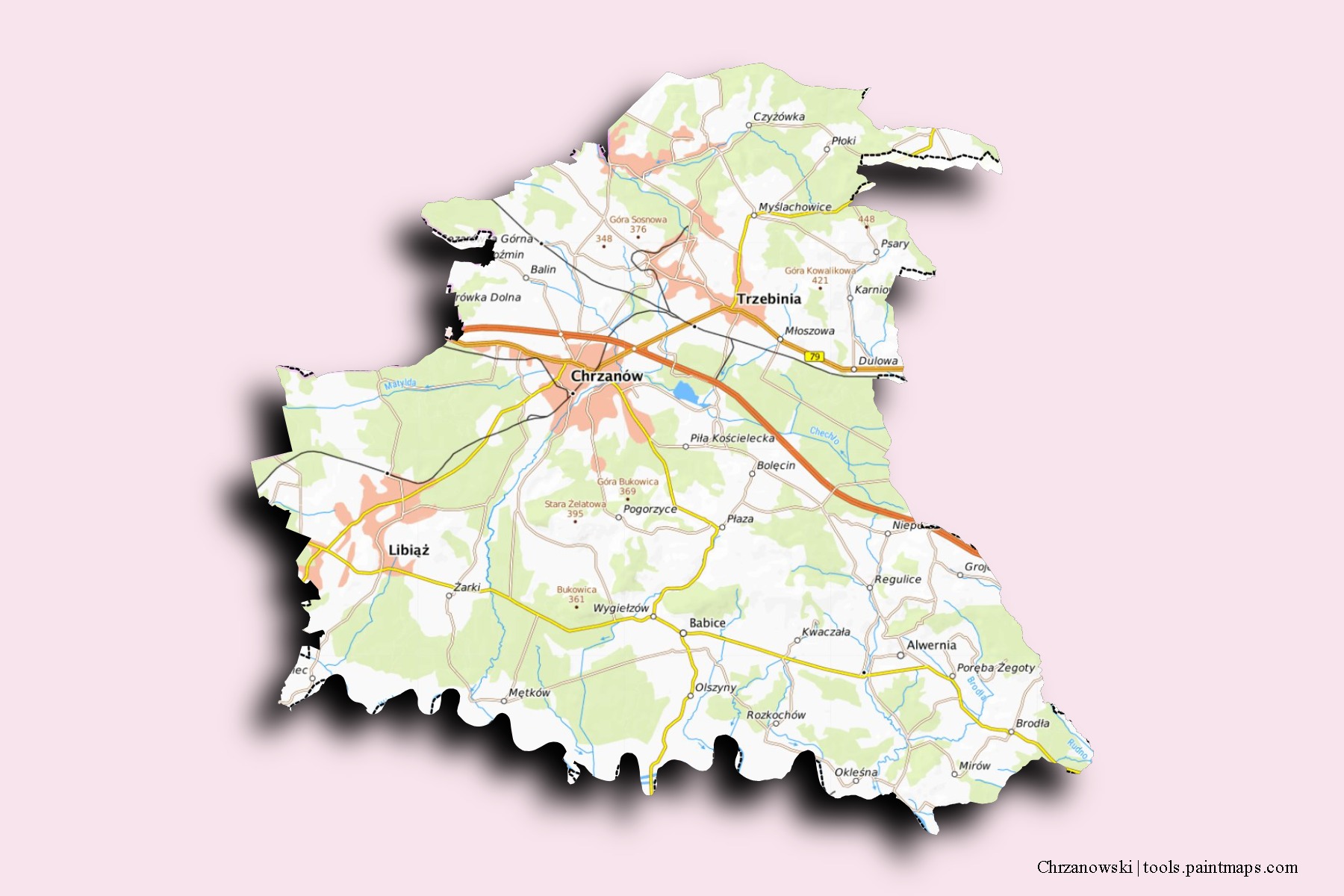 Mapa de barrios y pueblos de Chrzanowski con efecto de sombra 3D