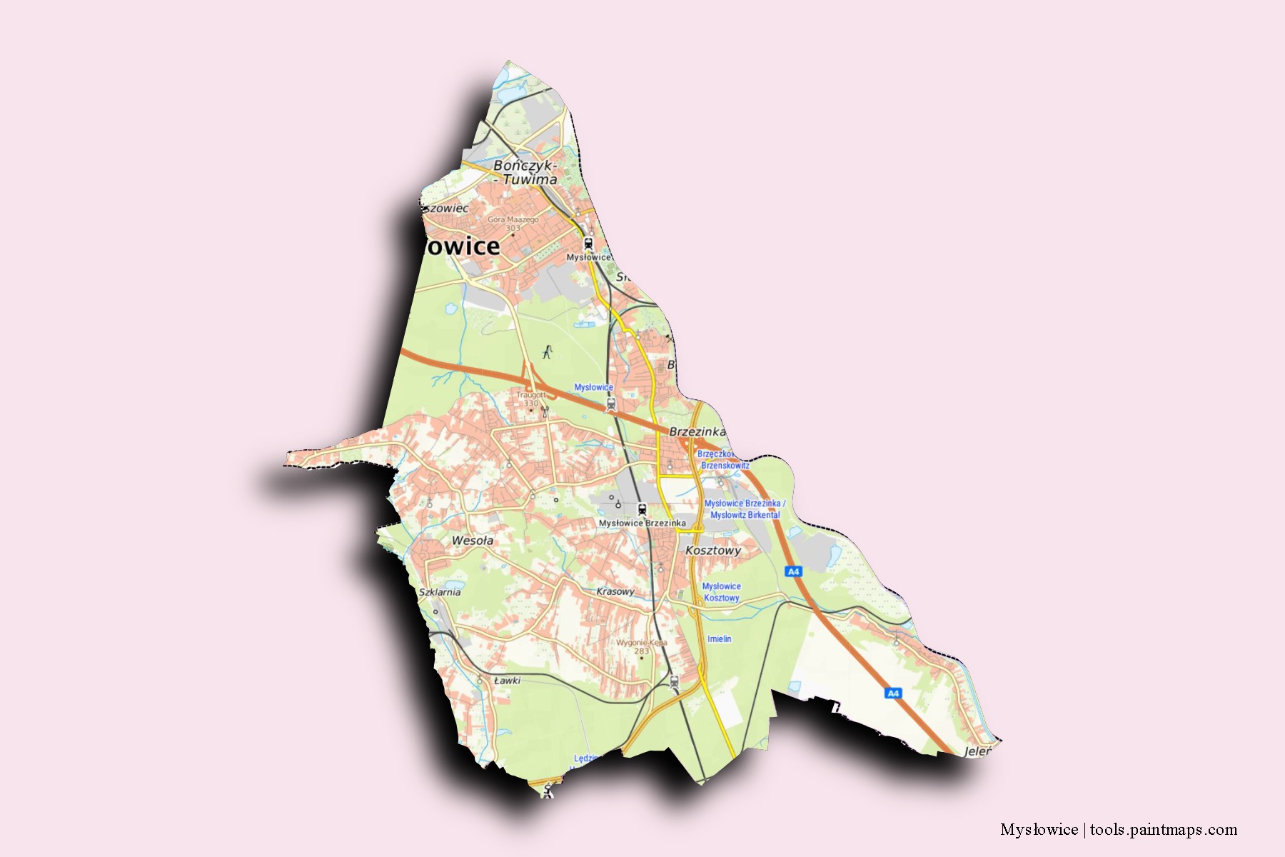 Mysłowice neighborhoods and villages map with 3D shadow effect