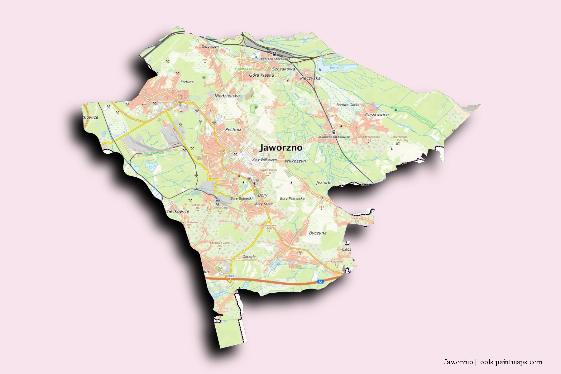 Jaworzno neighborhoods and villages map with 3D shadow effect