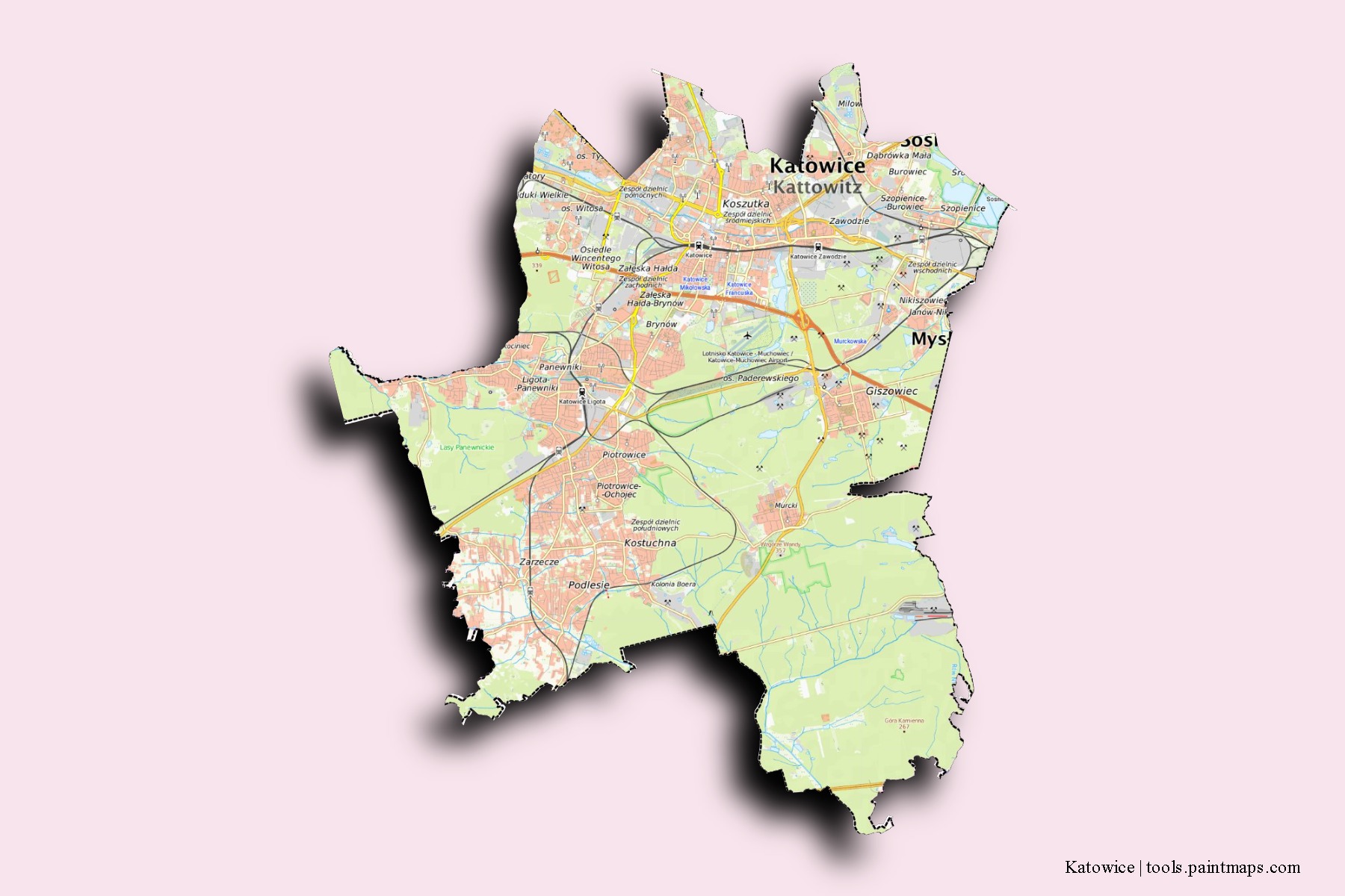 Mapa de barrios y pueblos de Katowice con efecto de sombra 3D