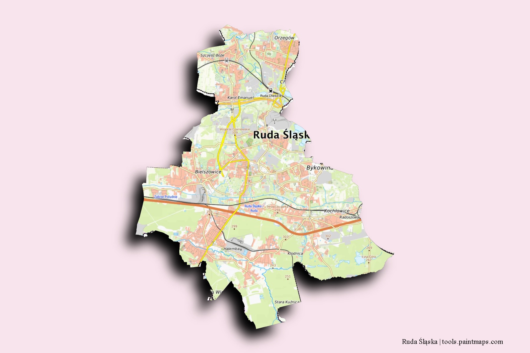 3D gölge efektli Ruda Śląska mahalleleri ve köyleri haritası