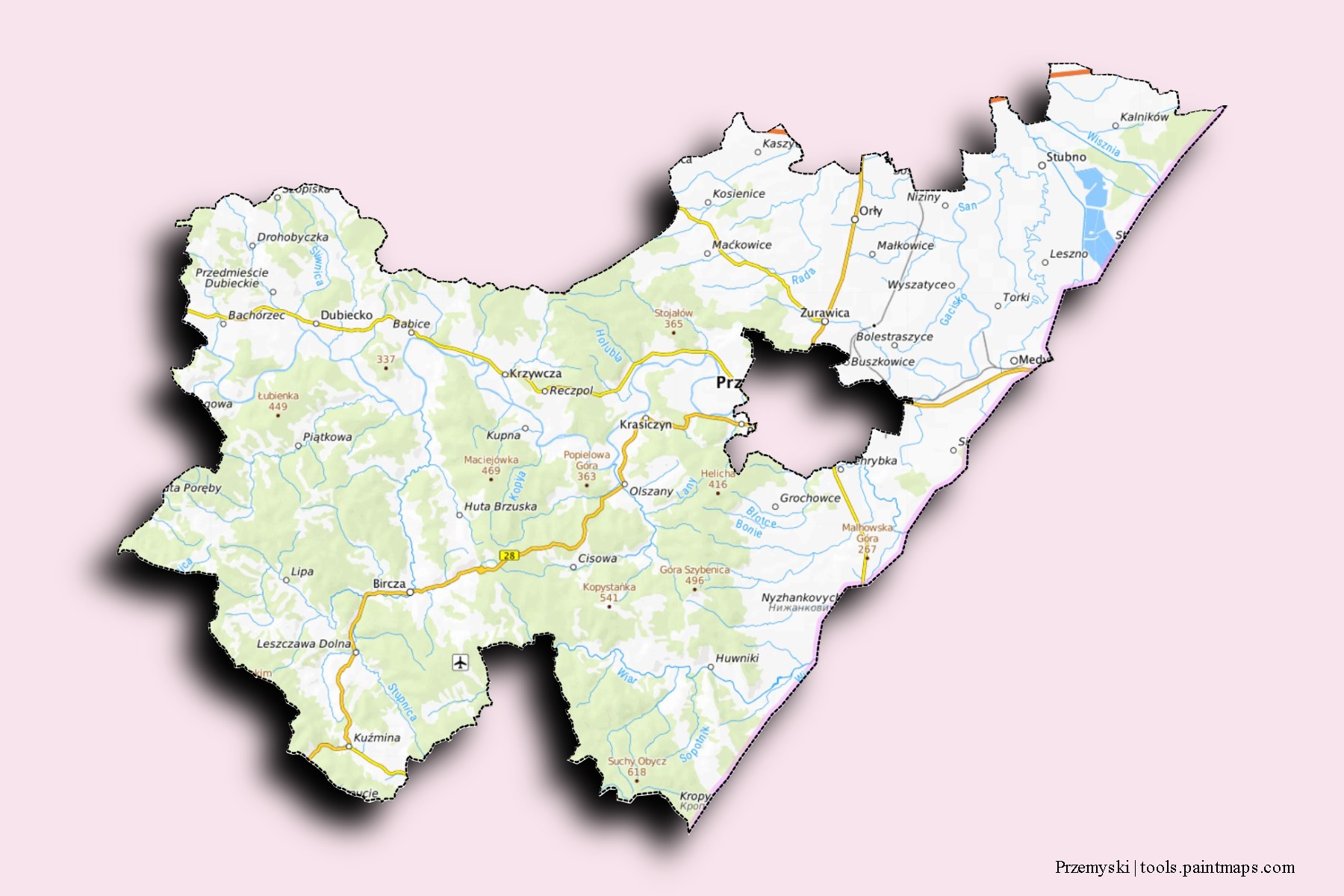 Przemyśl County neighborhoods and villages map with 3D shadow effect