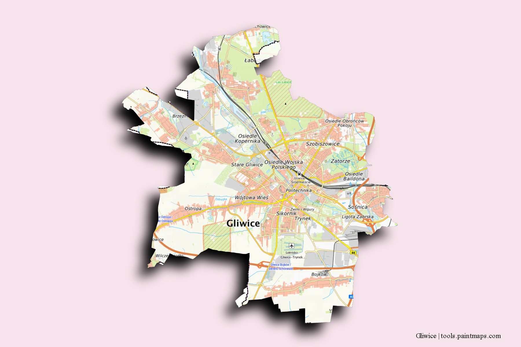 Mapa de barrios y pueblos de Gliwice con efecto de sombra 3D