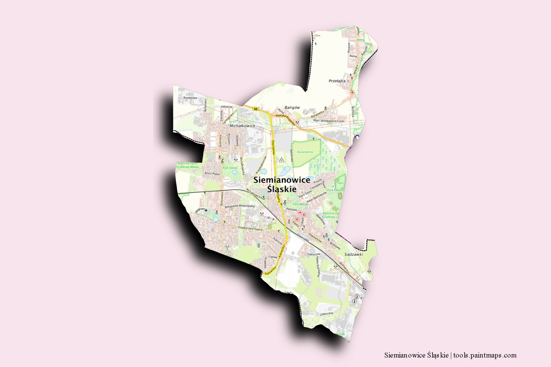 Mapa de barrios y pueblos de Siemianowice Śląskie con efecto de sombra 3D