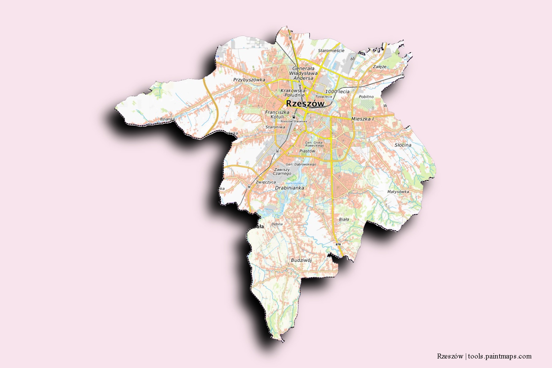 Rzeszów neighborhoods and villages map with 3D shadow effect