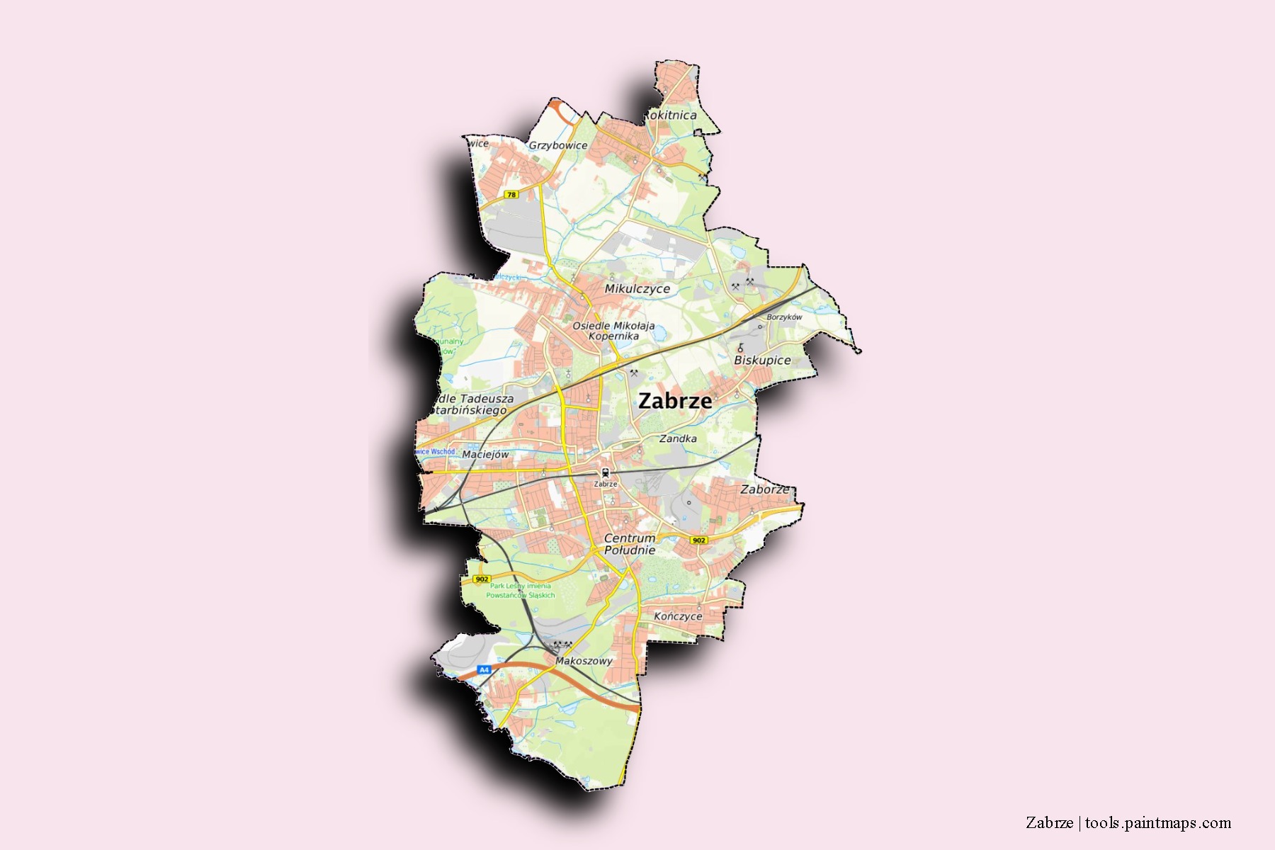 Zabrze neighborhoods and villages map with 3D shadow effect