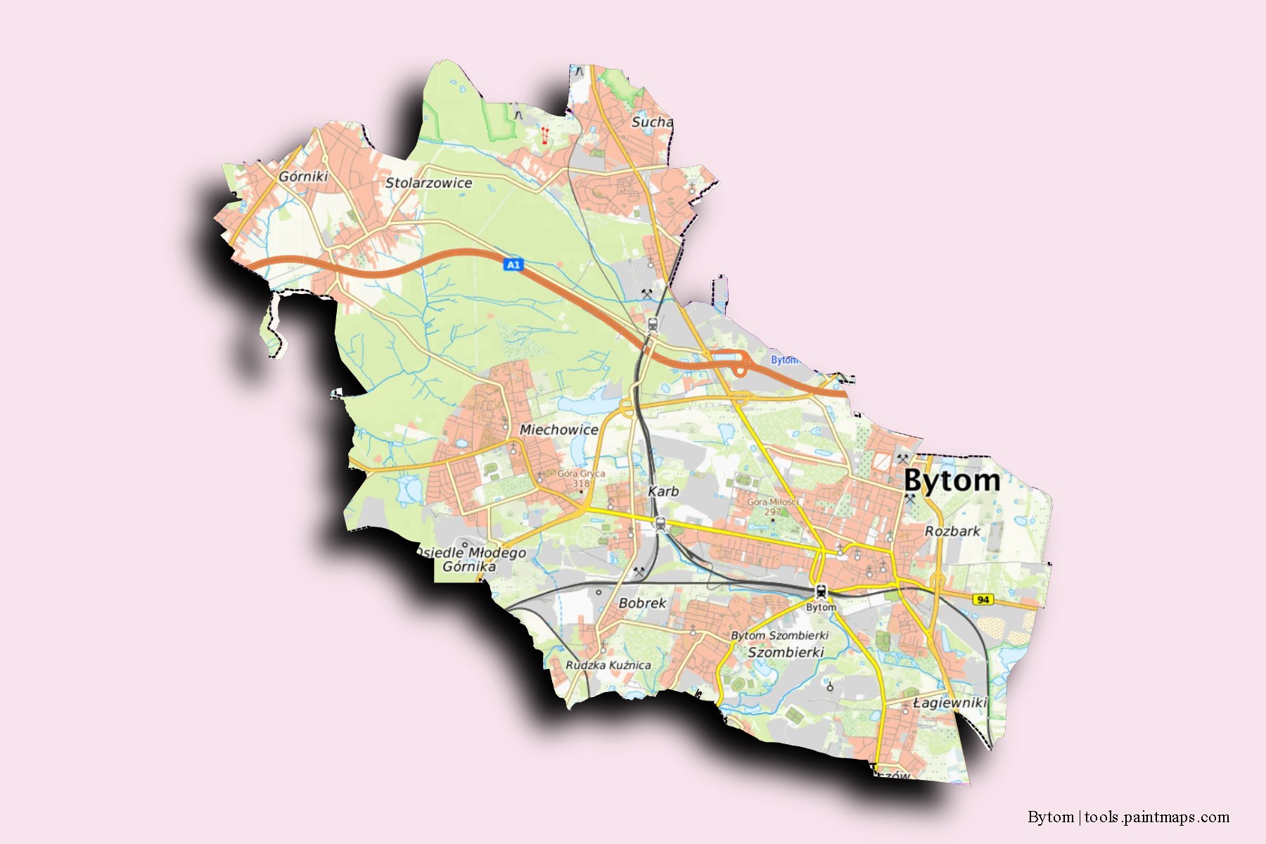 Mapa de barrios y pueblos de Bytom con efecto de sombra 3D