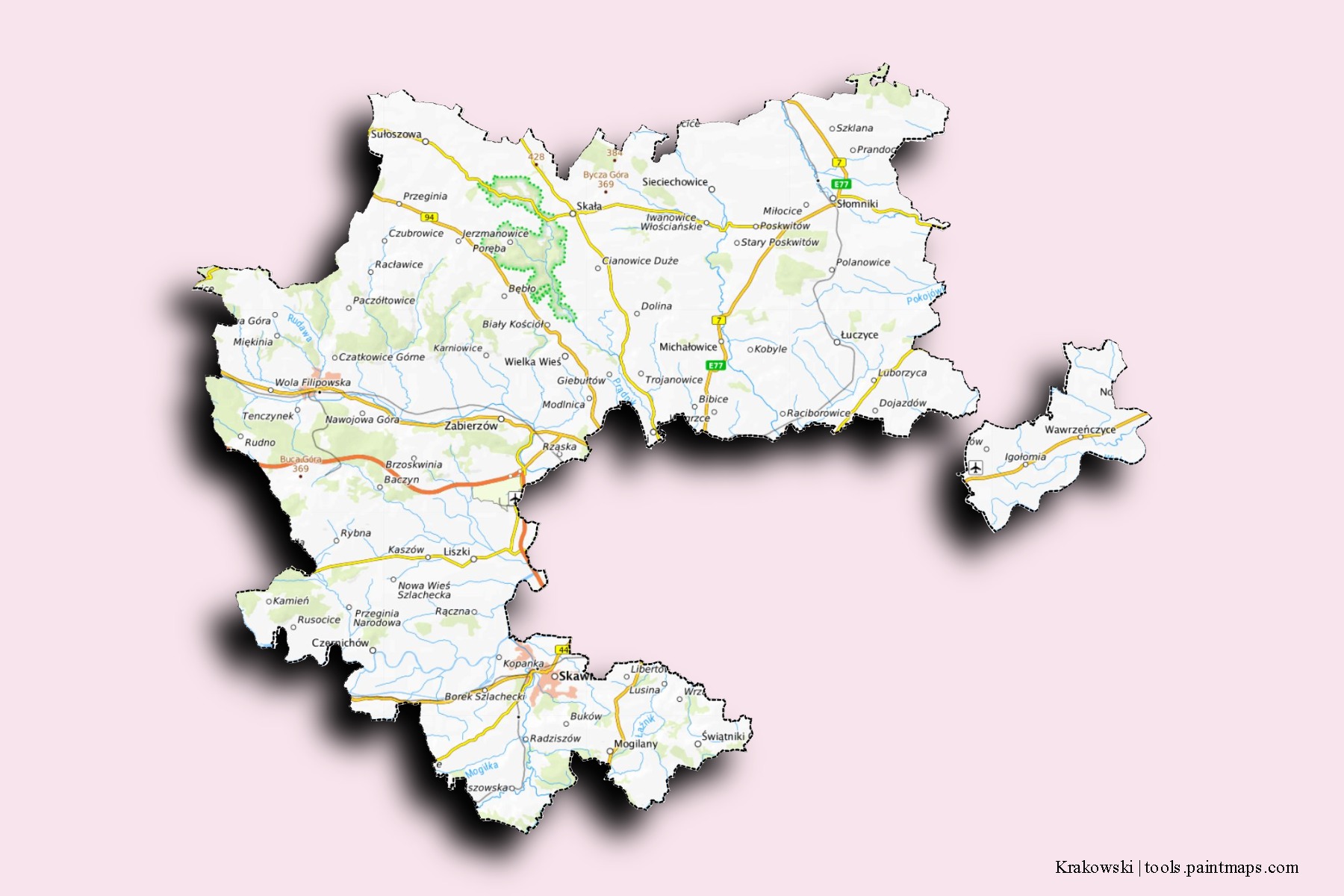 Kraków neighborhoods and villages map with 3D shadow effect