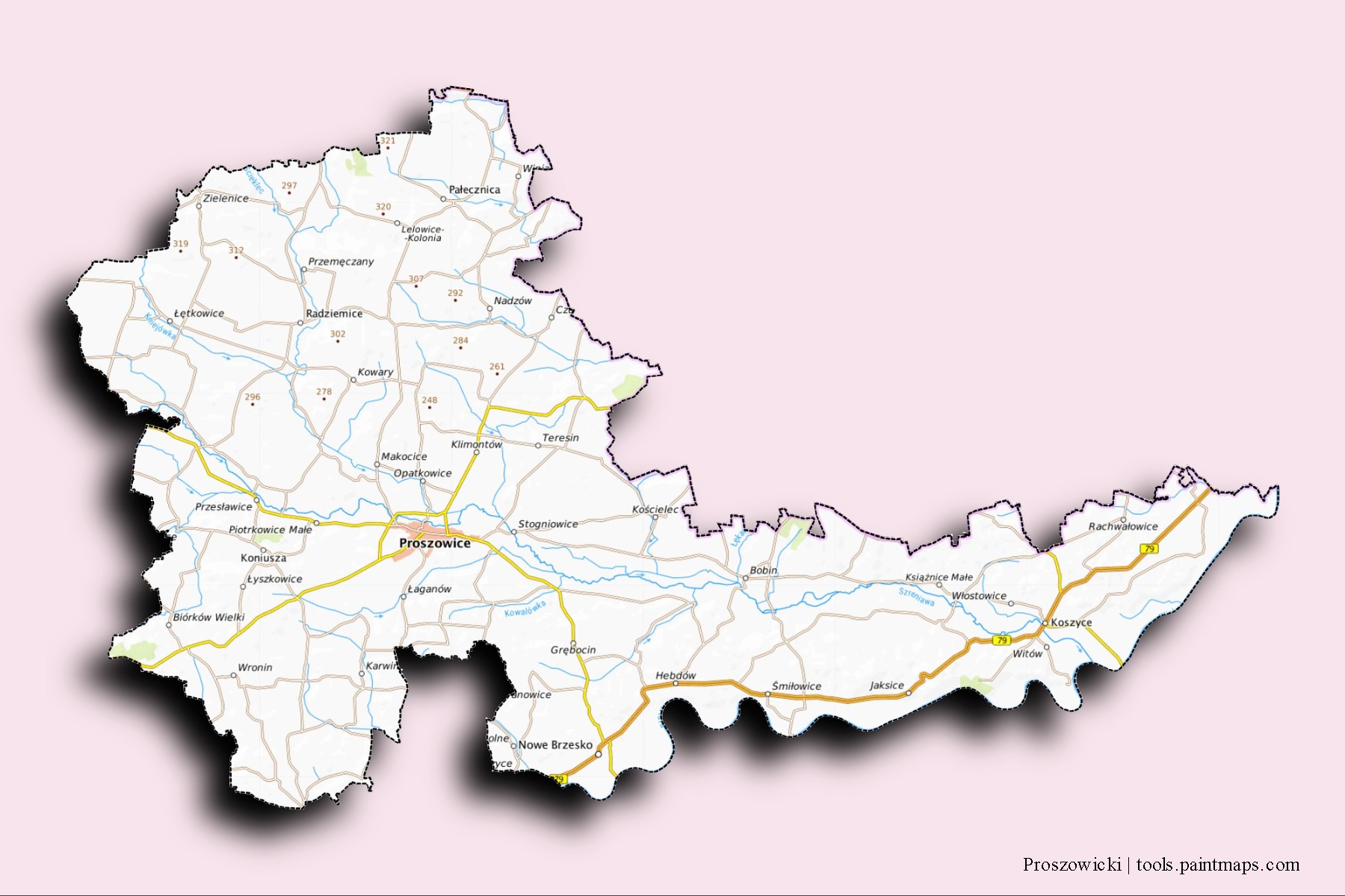 Proszowice neighborhoods and villages map with 3D shadow effect