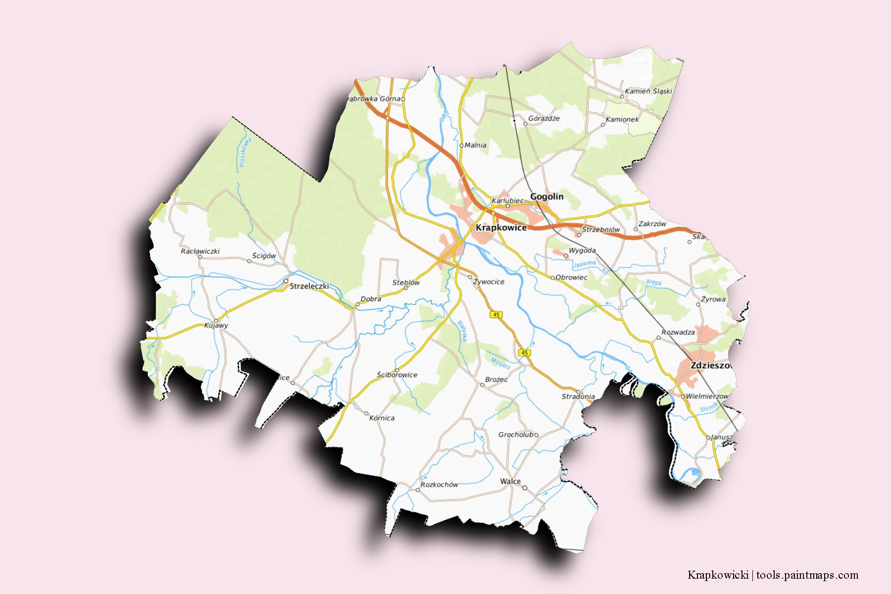 Mapa de barrios y pueblos de Krapkowicki con efecto de sombra 3D