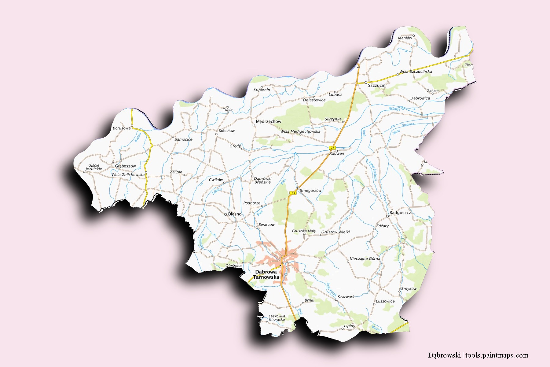 Mapa de barrios y pueblos de Dąbrowski con efecto de sombra 3D