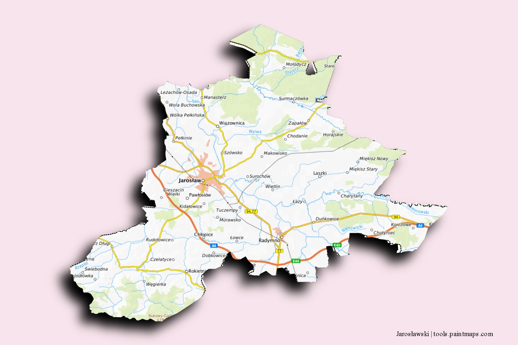 Mapa de barrios y pueblos de Jarosławski con efecto de sombra 3D