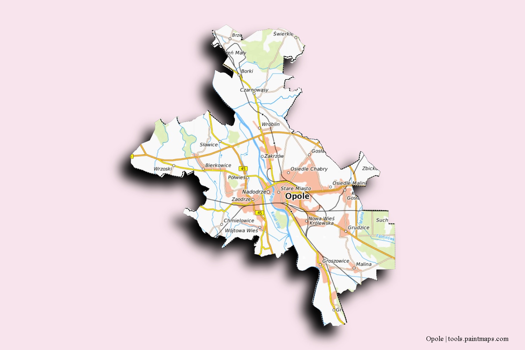 Mapa de barrios y pueblos de Opole con efecto de sombra 3D