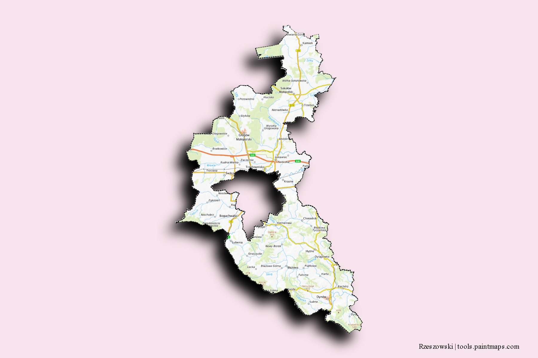 Mapa de barrios y pueblos de Rzeszowski con efecto de sombra 3D