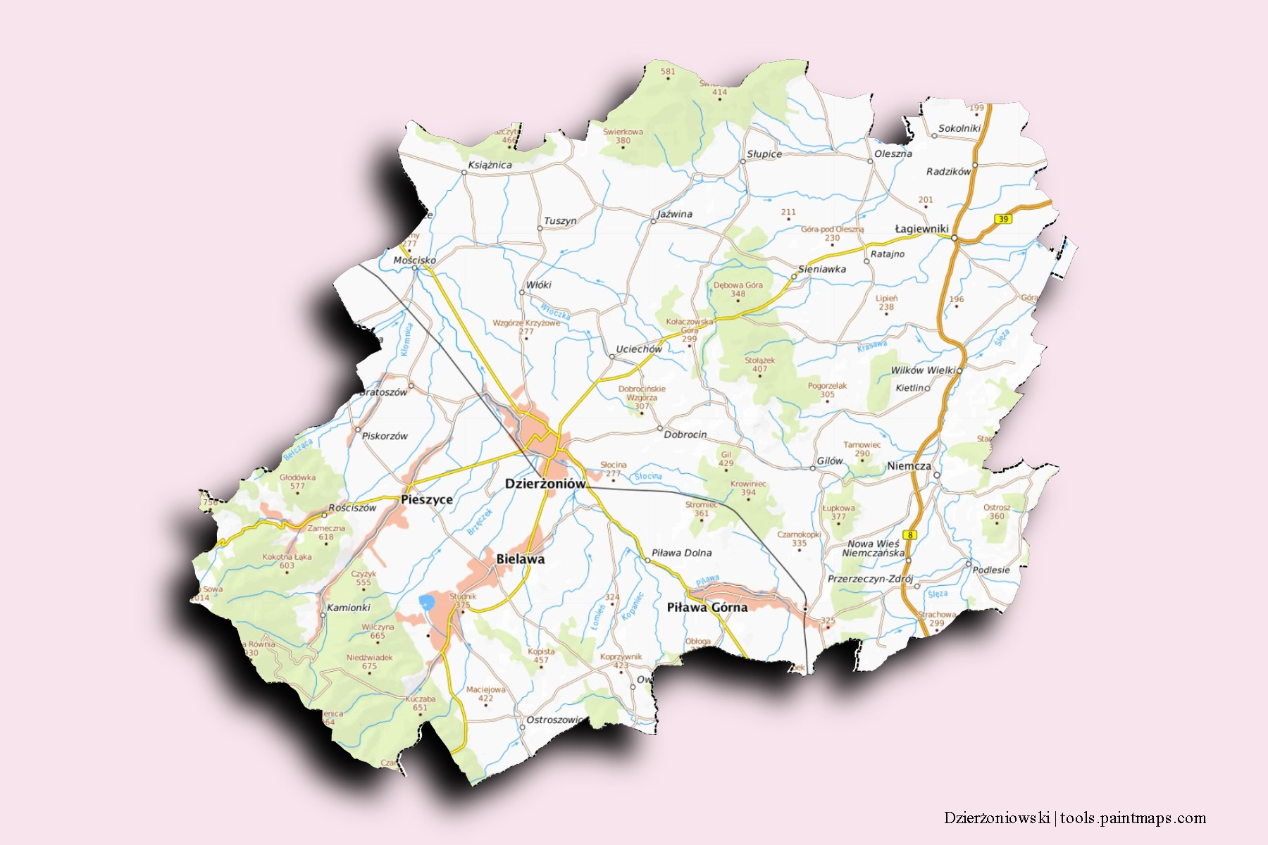 Dzierżoniów neighborhoods and villages map with 3D shadow effect