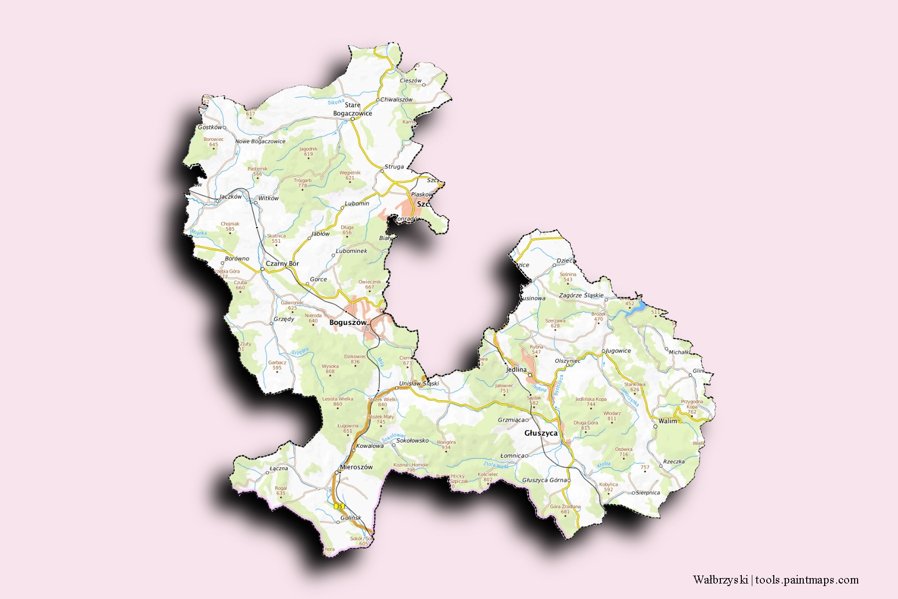 Wałbrzyski neighborhoods and villages map with 3D shadow effect