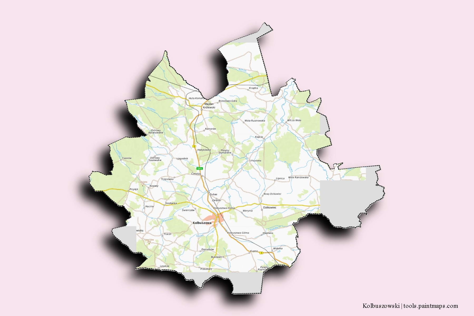 Mapa de barrios y pueblos de Kolbuszowski con efecto de sombra 3D