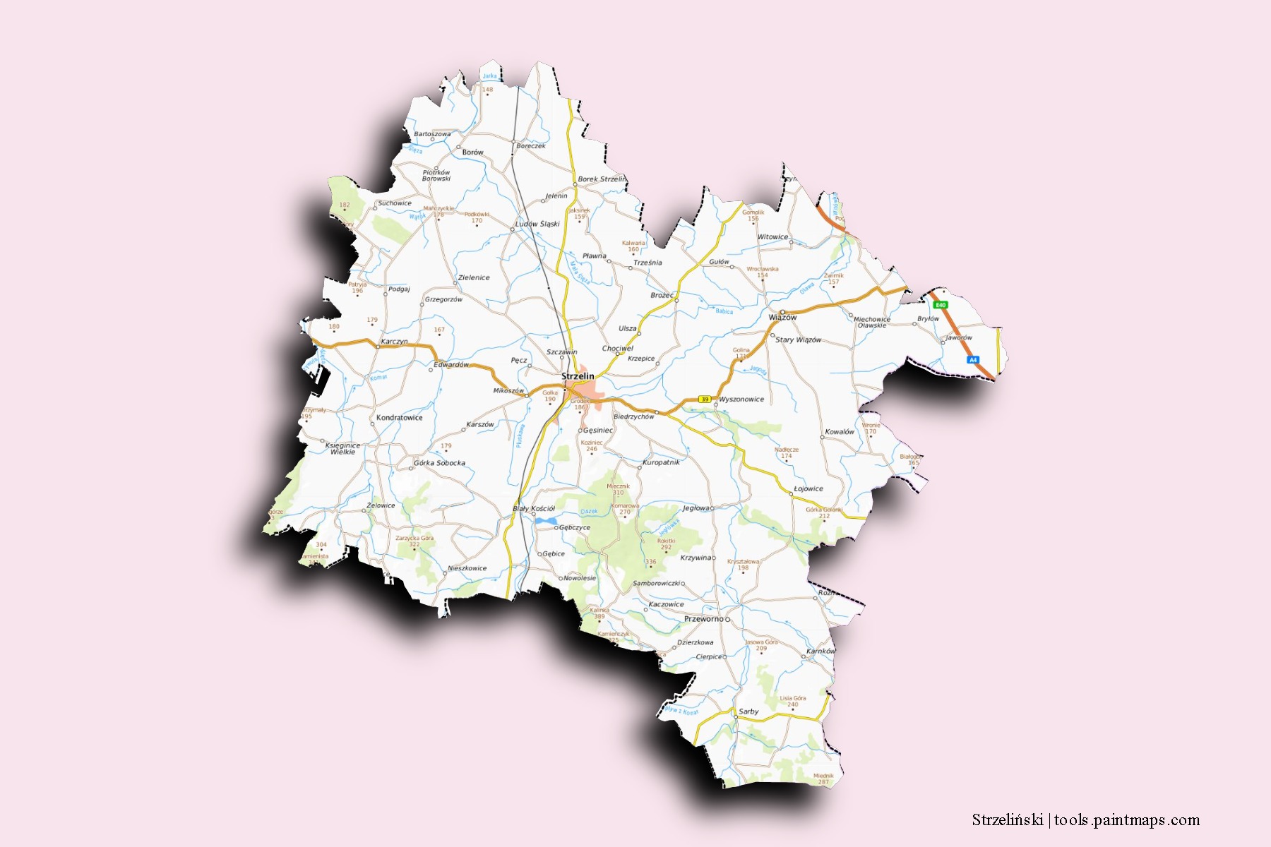 Mapa de barrios y pueblos de Strzeliński con efecto de sombra 3D