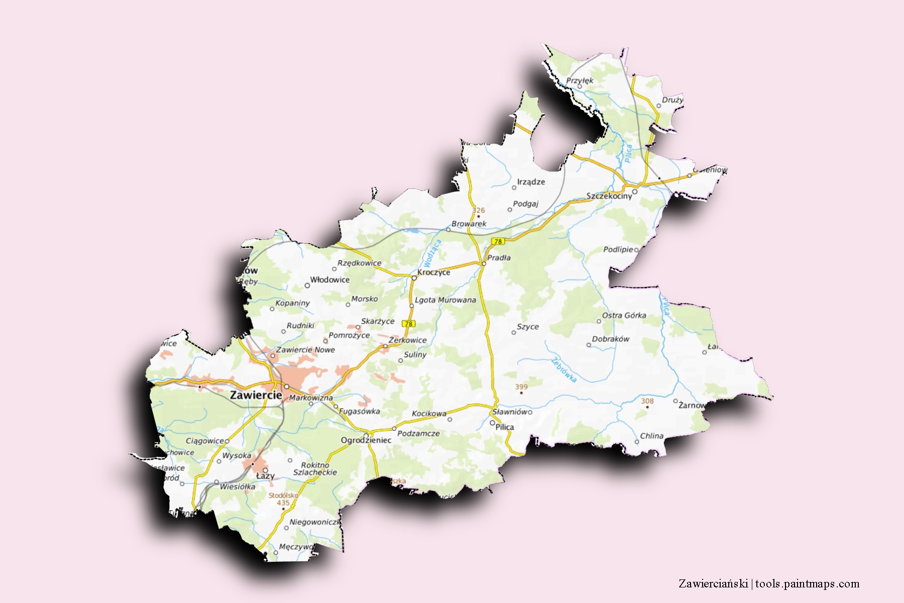 Mapa de barrios y pueblos de Zawierciański con efecto de sombra 3D