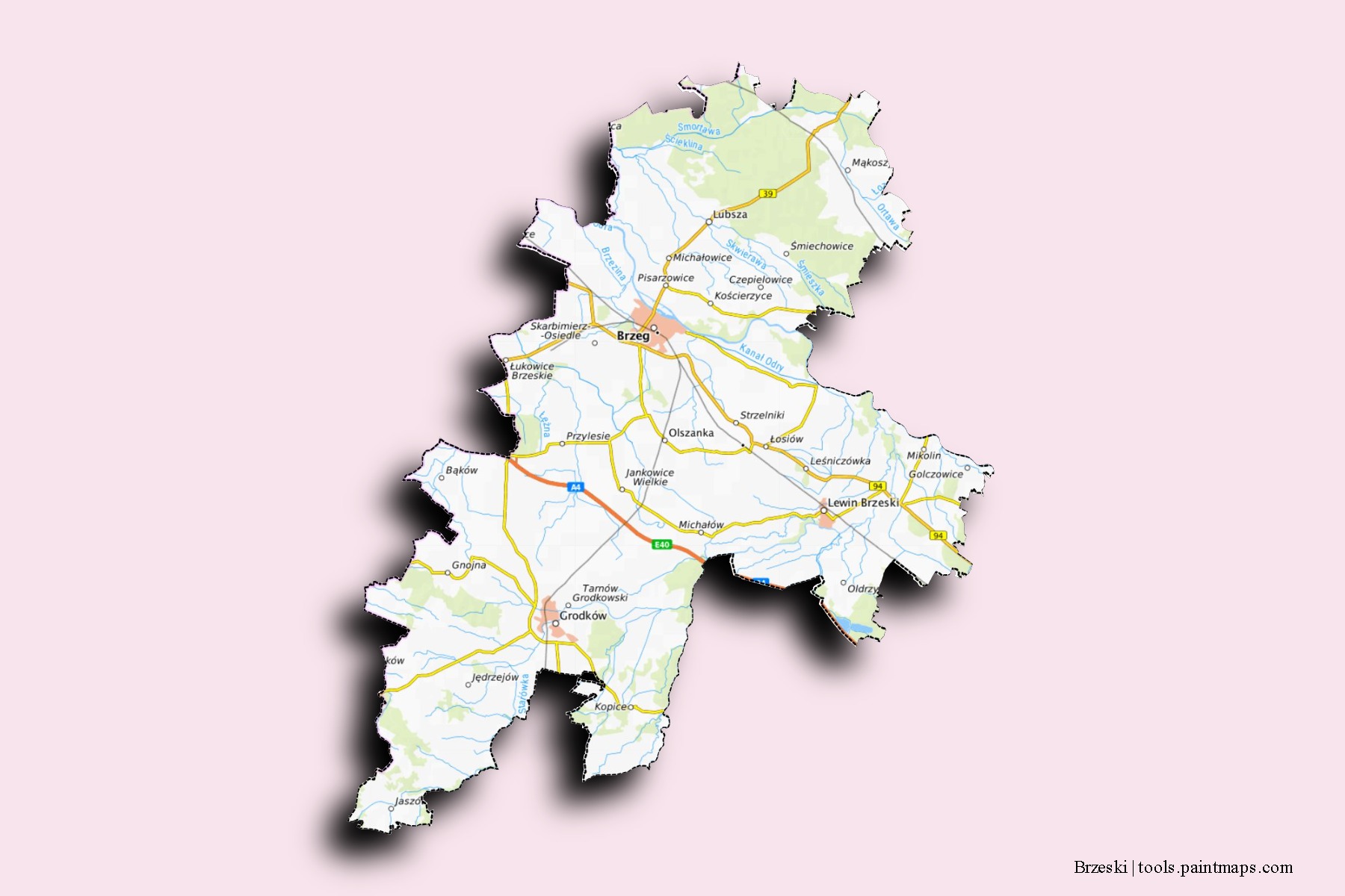 Brzeski neighborhoods and villages map with 3D shadow effect